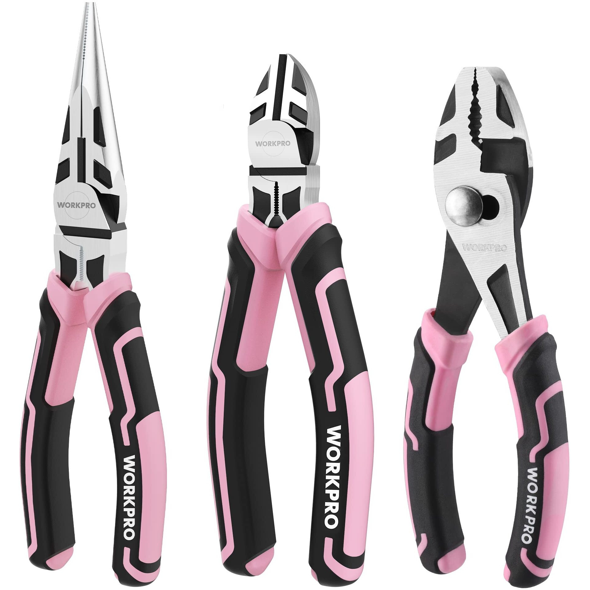 Workpro 3-Piece Pliers Set, Pink Pliers Tool Set Including Needle Nose Pliers, Diagonal Cutting Pliers, And Slip Joint Pliers For Plumbing, Automotive And General Applications - Pink Ribbon