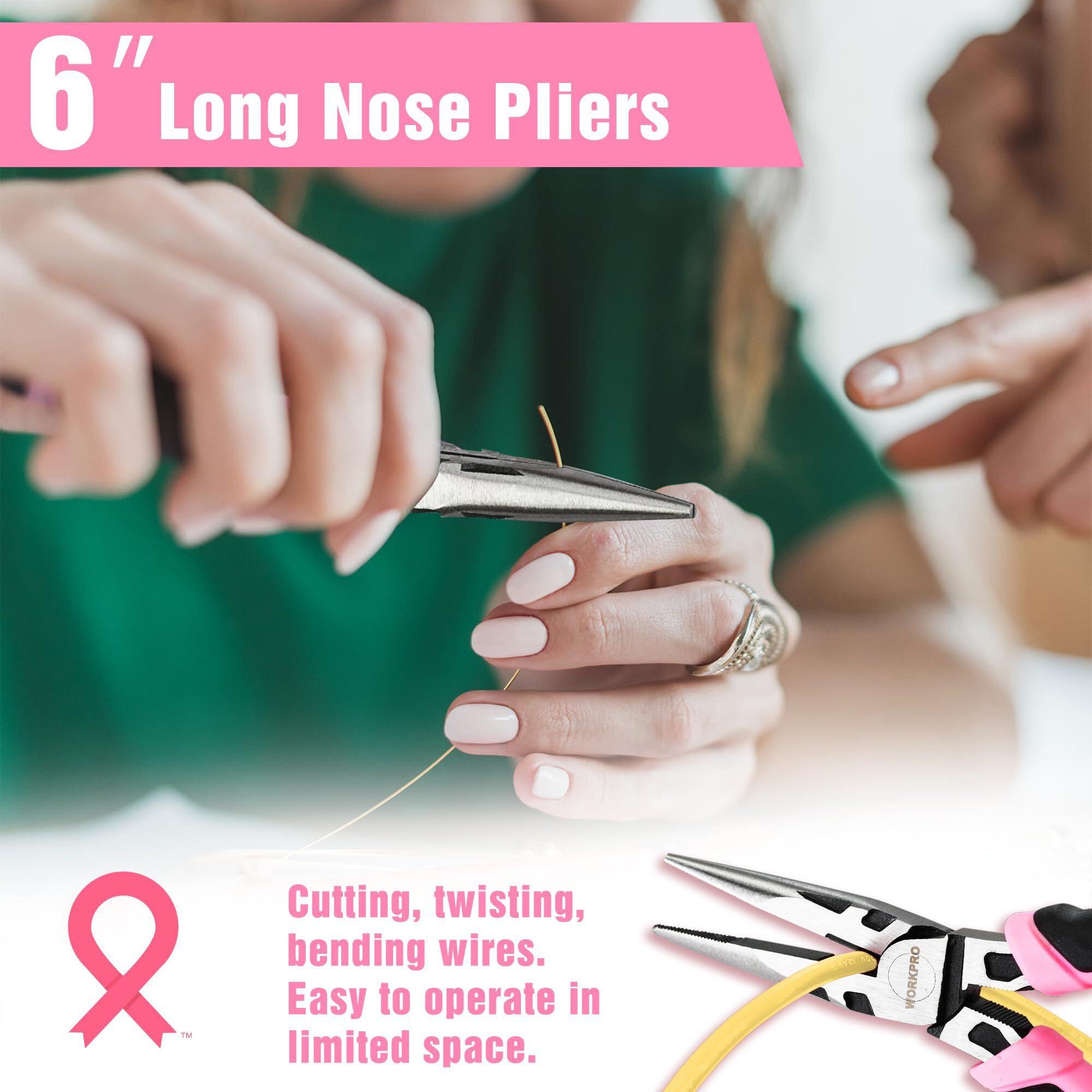 Workpro 3-Piece Pliers Set, Pink Pliers Tool Set Including Needle Nose Pliers, Diagonal Cutting Pliers, And Slip Joint Pliers For Plumbing, Automotive And General Applications - Pink Ribbon