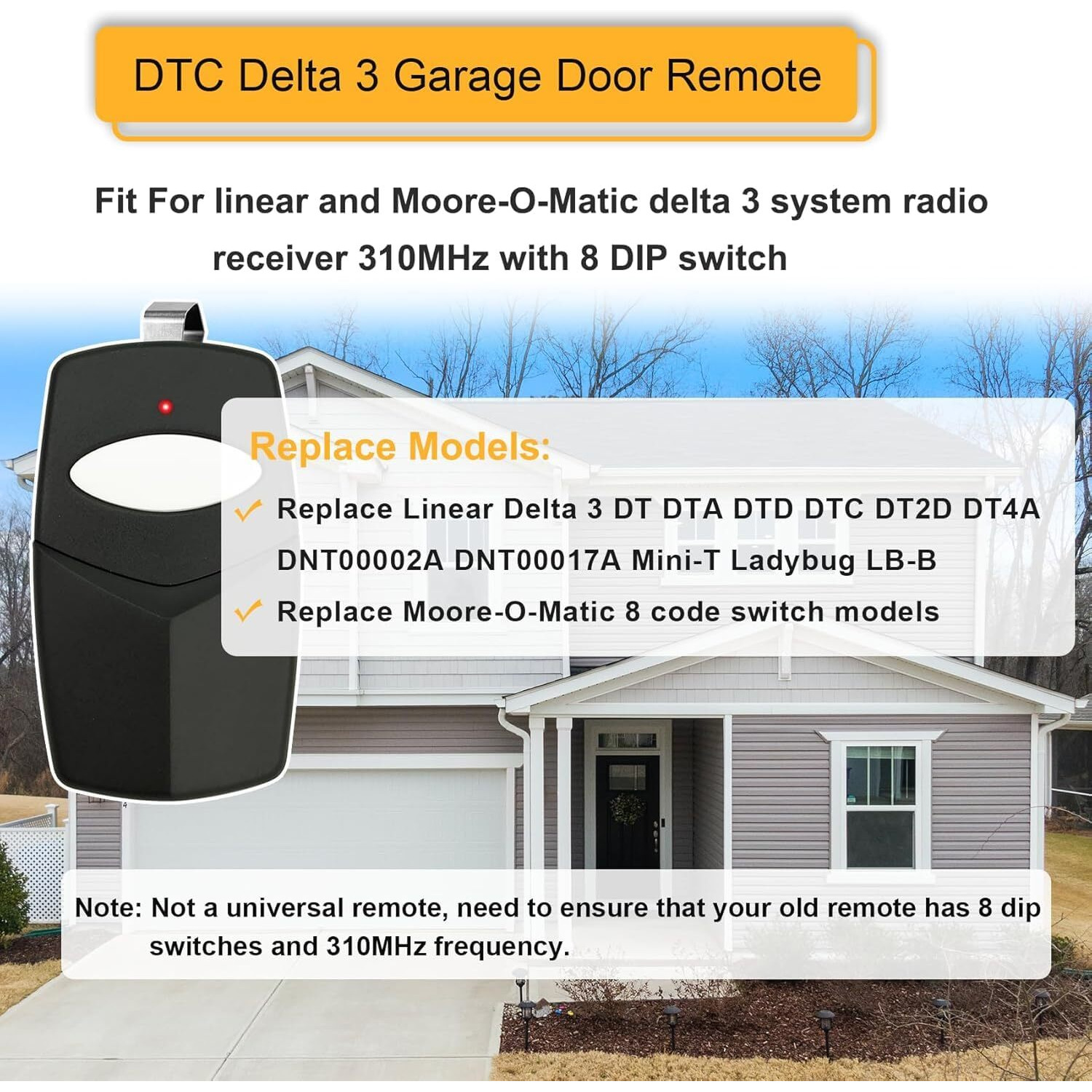 Upgraded For Linear Dtc Delta 3 Remote, 8 Dip Switch Garage Door Opener Remote, Digital Control Delta 3 Garage Door Gate Opener, Replace Dt Dta Dtd Dtc Dtd Dt2D Dt4A Dnt00002A Dnt00017A, 310Mhz
