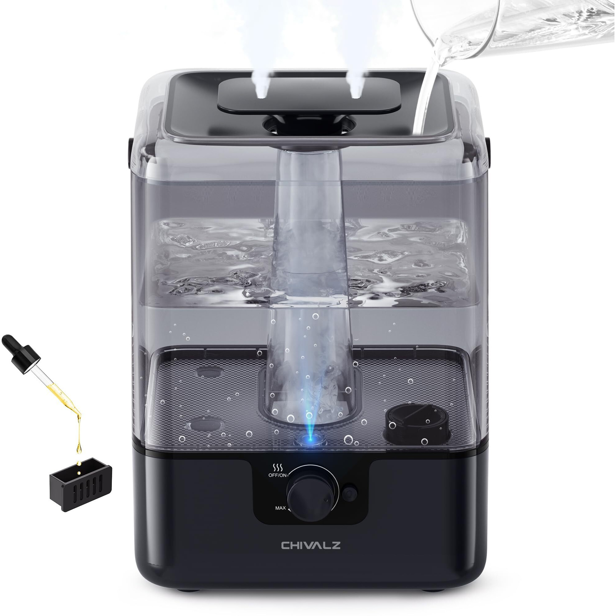 6L Humidifiers For Bedroom Large Room Home, Chivalz Cool Mist Top Fill Humidifiers For Baby Nursery And Plants, 26Db Quiet, Nightlight, Up To 50 Hours, Oil Diffuser 1 Pack + 2 Mist Outlets Black