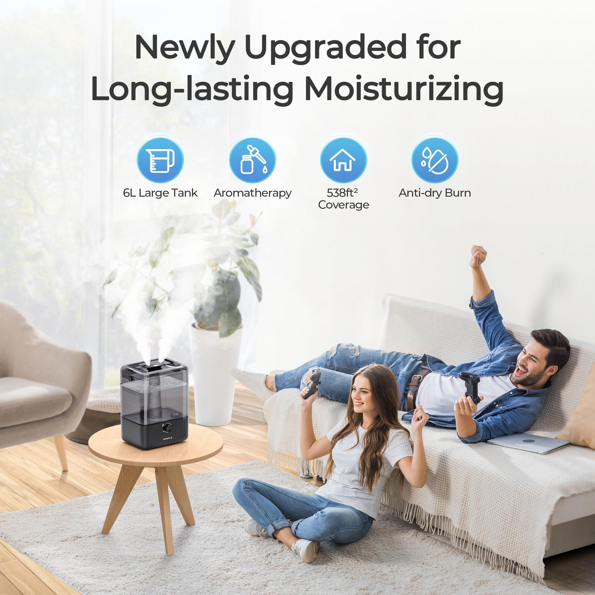 6L Humidifiers For Bedroom Large Room Home, Chivalz Cool Mist Top Fill Humidifiers For Baby Nursery And Plants, 26Db Quiet, Nightlight, Up To 50 Hours, Oil Diffuser 1 Pack + 2 Mist Outlets Black