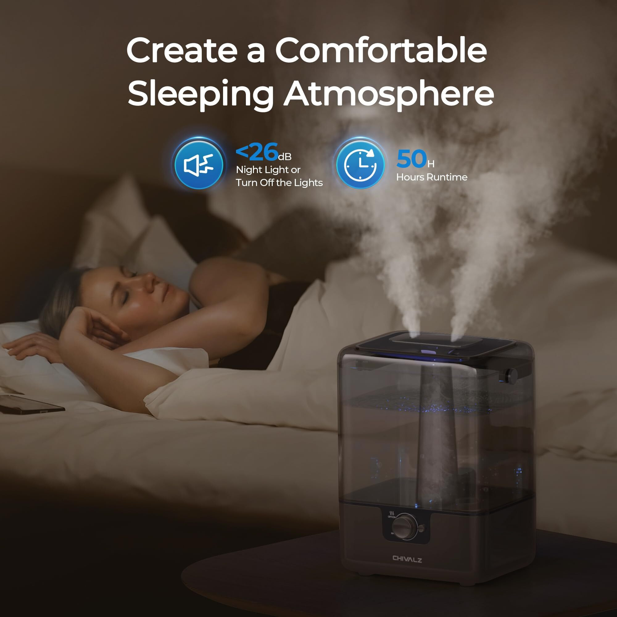 6L Humidifiers For Bedroom Large Room Home, Chivalz Cool Mist Top Fill Humidifiers For Baby Nursery And Plants, 26Db Quiet, Nightlight, Up To 50 Hours, Oil Diffuser 1 Pack + 2 Mist Outlets Black