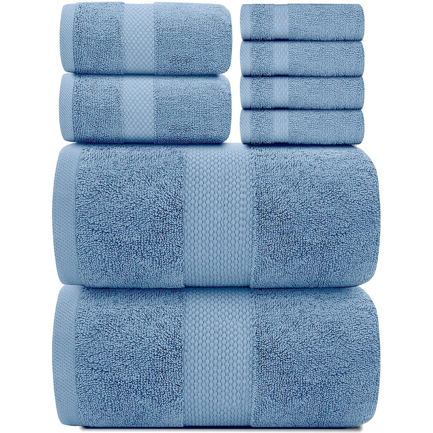 White Classic Luxury Light Blue Bath Towel Set - Combed Cotton Hotel Quality Absorbent 8 Piece Towels | 2 Bath Towels | 2 Hand Towels | 4 Washcloths [Worth 72.95] 8 Pack | Light Blue