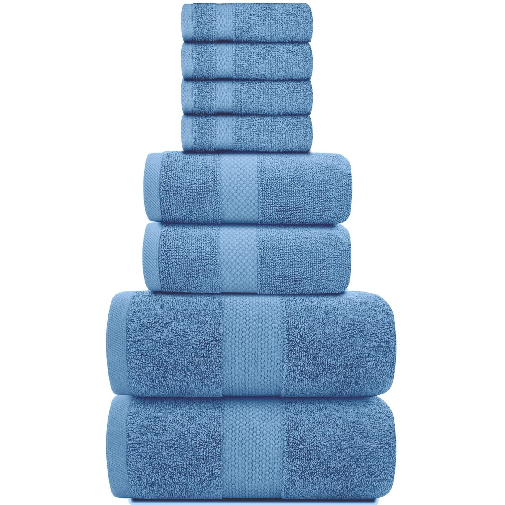 White Classic Luxury Light Blue Bath Towel Set - Combed Cotton Hotel Quality Absorbent 8 Piece Towels | 2 Bath Towels | 2 Hand Towels | 4 Washcloths [Worth 72.95] 8 Pack | Light Blue