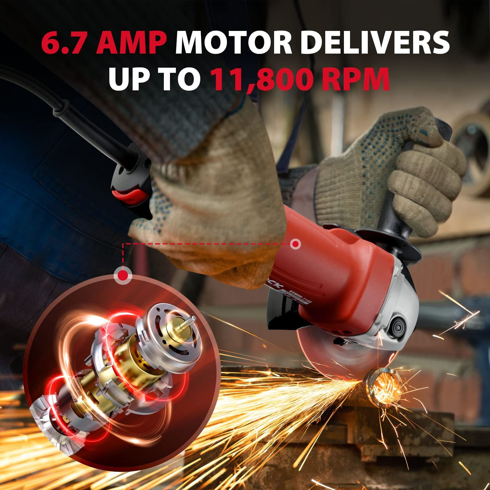 Dck Angle Grinder, 4-1/2-Inch, 6.7Amp Corded Angle Grinder, 11,800 Rpm With 2 Safety Guards, 6-Piece Discs (2 Cutting/2 Grinding/2 Flap Discs), Professional Angle Grinder For Metal, Wood (Ksm09-115S)