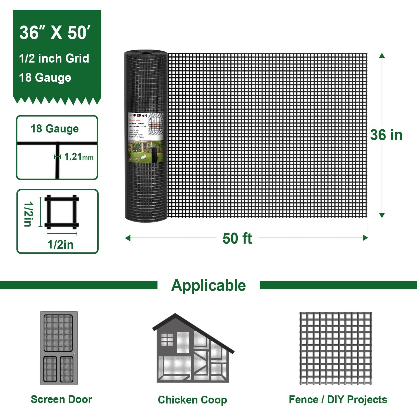 Hoperan Black Hardware Cloth 1/2 Inch 36 X 50 Ft Mesh 19 Gauge Pvc Coated Chicken Wire Mesh - Vinyl + Galvanized Double Coated Fence - Welded Wire Mesh Roll For Chicken Coop Fencing Garden Fencing