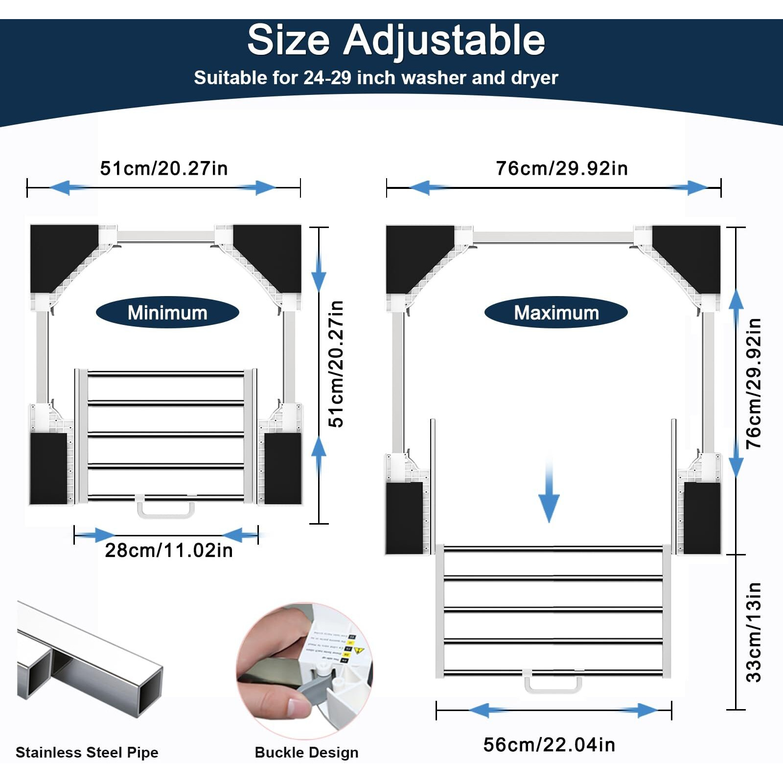 Hhxrise Washer Dryer Stacking Kit, Universal Stacking Kit For Washer And Dryer With Pull-Out Sliding Shelf, Adjustable Stackable Kit For 29""/28""/27""/26""/25""/24"" Front Load Laundry With Ratchet Strap