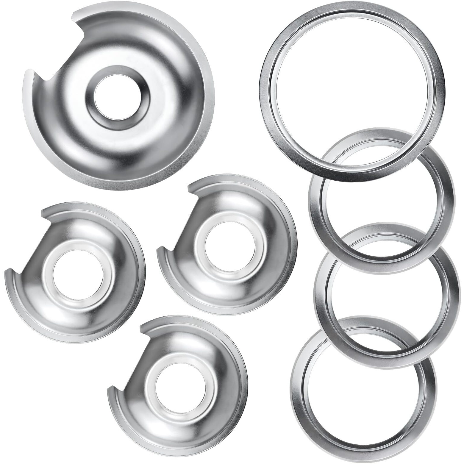 Electric Stove Burner Drip Pan 1 Large 8 Inch Wb32X10013 &3 Small 6 Inch Wb32X10012 Chrome Drip Pans With 4 Pcs Trim Rings By Blutoget- Fit For Ge Hotpoint Stove Drip Pans - 4 Drip Pans &4 Rings