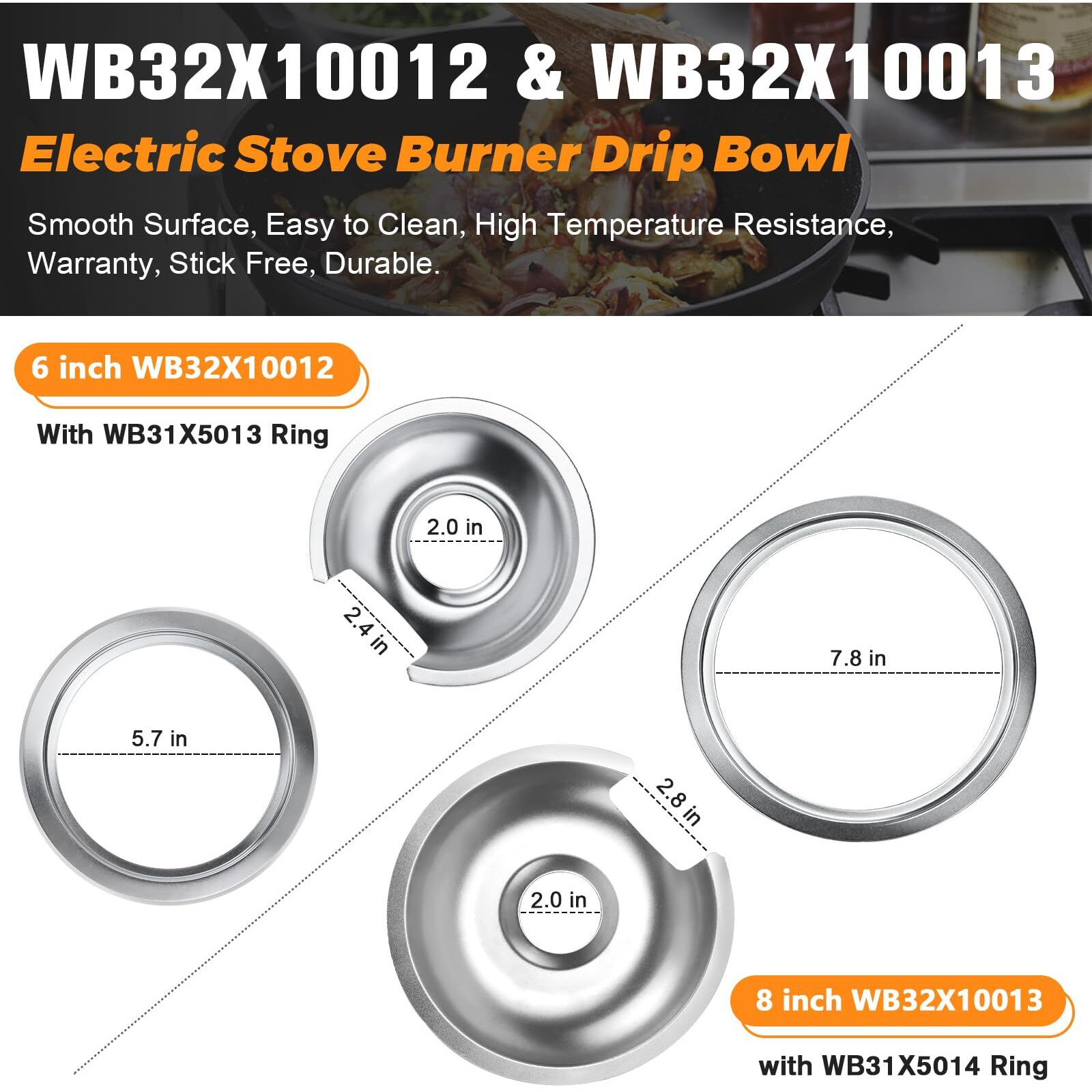 Electric Stove Burner Drip Pan 1 Large 8 Inch Wb32X10013 &3 Small 6 Inch Wb32X10012 Chrome Drip Pans With 4 Pcs Trim Rings By Blutoget- Fit For Ge Hotpoint Stove Drip Pans - 4 Drip Pans &4 Rings