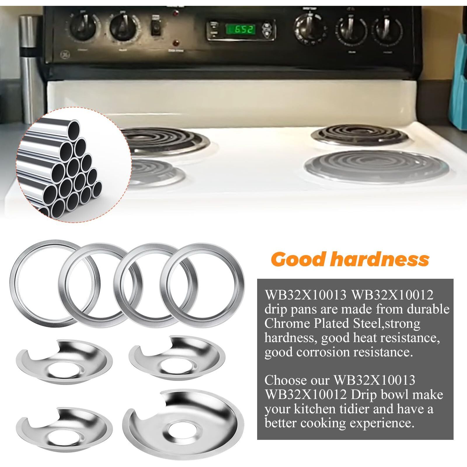 Electric Stove Burner Drip Pan 1 Large 8 Inch Wb32X10013 &3 Small 6 Inch Wb32X10012 Chrome Drip Pans With 4 Pcs Trim Rings By Blutoget- Fit For Ge Hotpoint Stove Drip Pans - 4 Drip Pans &4 Rings