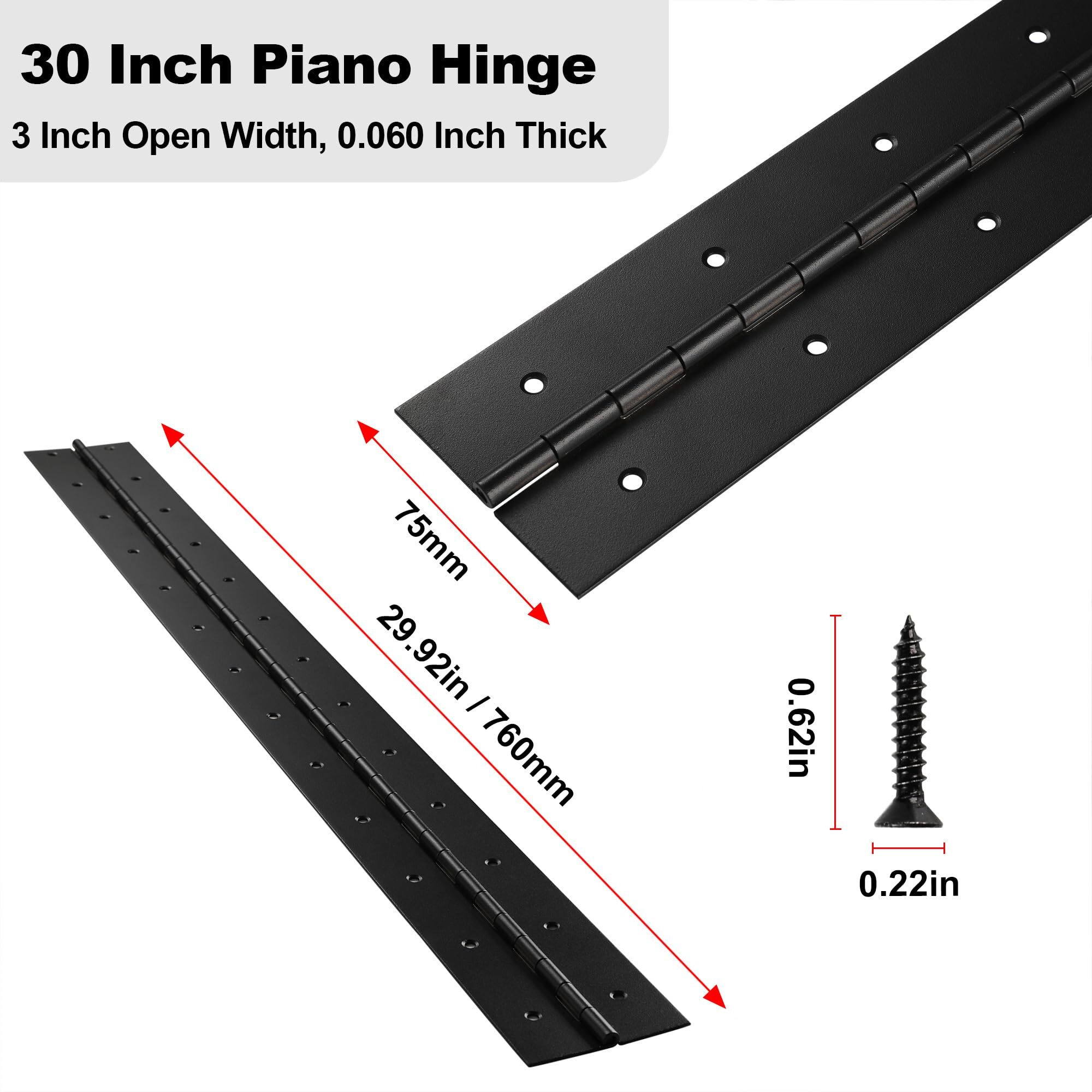 Heavy Duty Piano Hinge 30 Inch X 3 Inch Width, True 0.060'' Thick Stainless Steel Black Piano Hinge For Heavy Duty Cabinet, Door, Toolbox, Wooden Box, Metal Plate, Furniture, Industrial Project