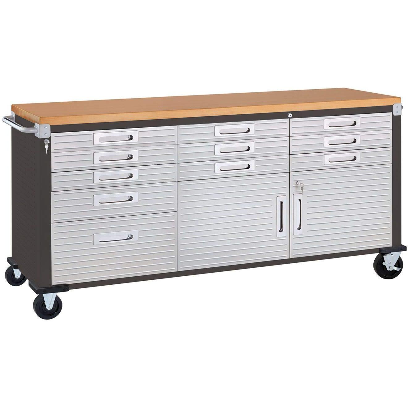 Seville Classics Ultrahd Heavy Duty Rolling Cabinet Workbench Table W/Solid Wood Top, Workstation For Garage, Warehouse, Office, Workshop, 77"" W X 20"" D X 37.5"" H, Graphite, 11-Drawer