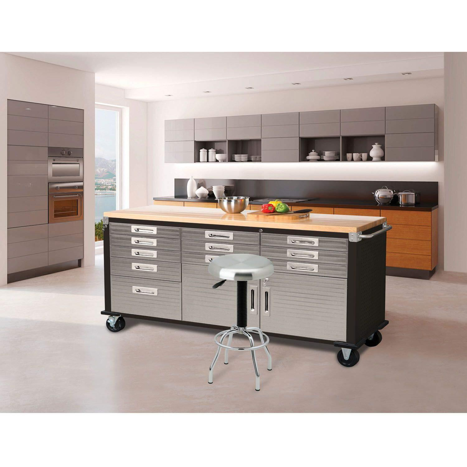 Seville Classics Ultrahd Heavy Duty Rolling Cabinet Workbench Table W/Solid Wood Top, Workstation For Garage, Warehouse, Office, Workshop, 77"" W X 20"" D X 37.5"" H, Graphite, 11-Drawer