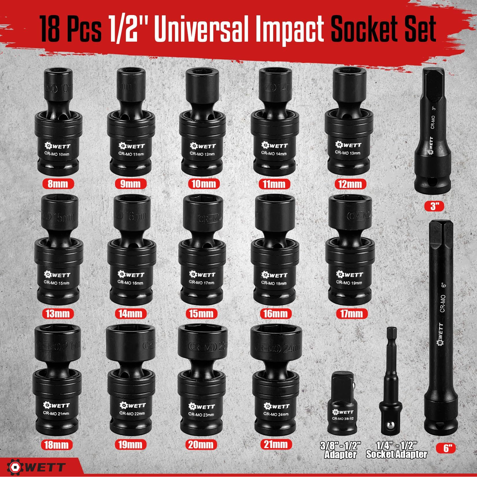 Wett 3/8"" Drive Shallow Impact Universal Joint Socket Set, 15-Piece Swivel Socket Set, Metric Flexible Wobble Sockets, (8-22Mm), 6 Point, Cr-Mo Steel