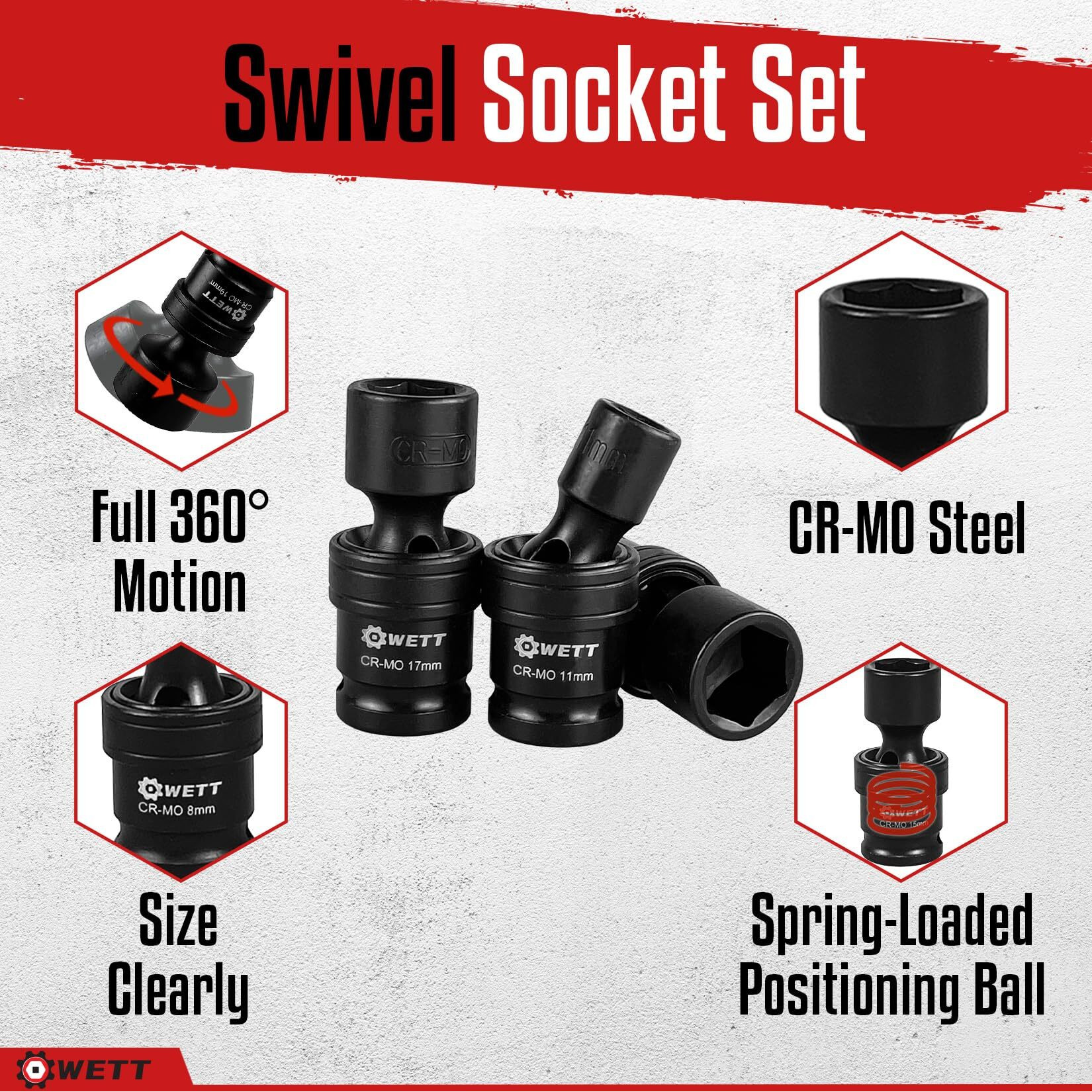 Wett 3/8"" Drive Shallow Impact Universal Joint Socket Set, 15-Piece Swivel Socket Set, Metric Flexible Wobble Sockets, (8-22Mm), 6 Point, Cr-Mo Steel