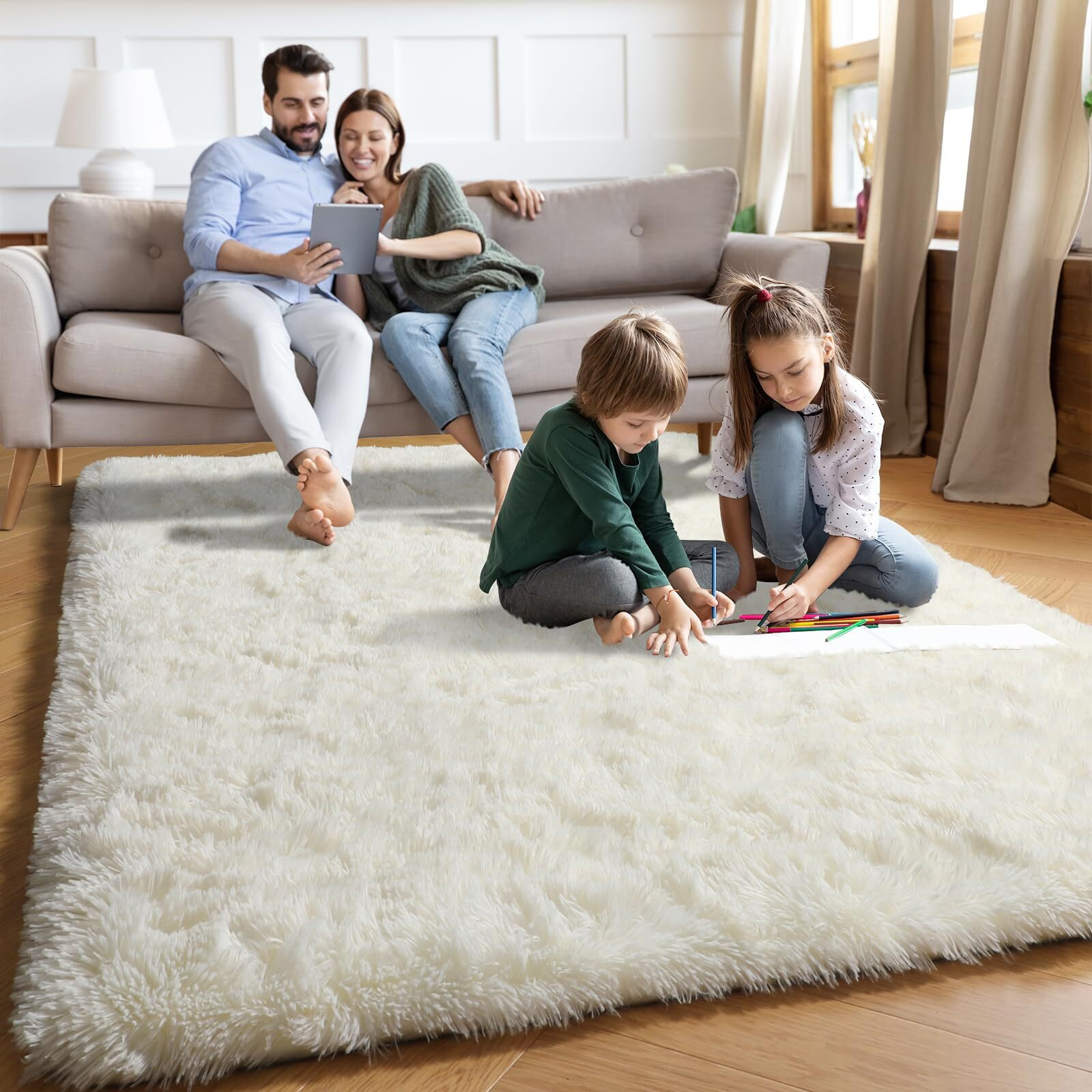 Pagisofe White Fluffy Shag Machine Washable Area Rugs For Living Room 5X7 Ft,Cream White Soft Shaggy Rugs For Bedroom,Office Ivory Carpet Boys Girls Dorm Pastel Rug For Kids Room Home Decor Aesthetic