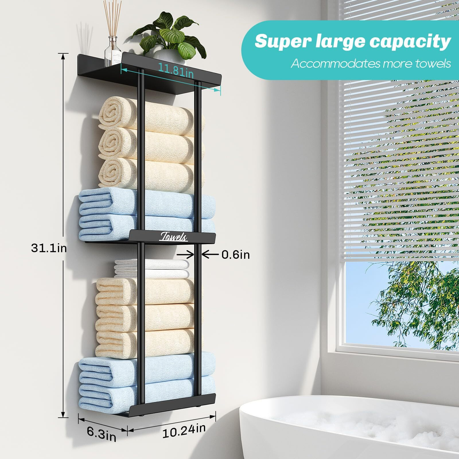 Towel Racks For Bathroom - Bathroom Towel Storage Rack Wall Mounted, Black Wall Towel Holder For Rolled Towels