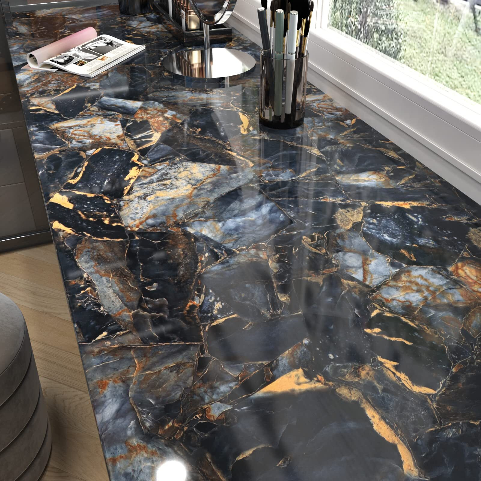 Marble Black Contact Paper Peel And Stick Countertops Gold Contact Paper For Kitchen Waterproof Black Contact Paper Vinyl Marble Shelf Liner Counter Top Stick Paper Cover Wallpaper 24"" X 118""