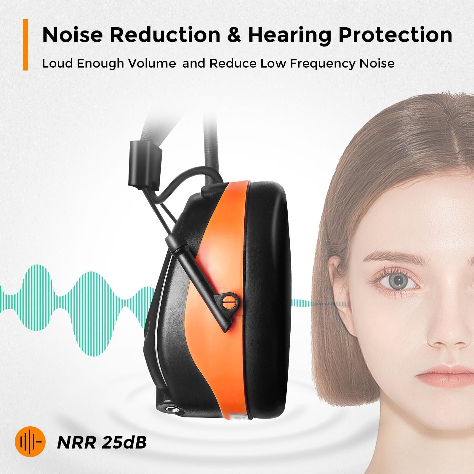 Protear Am/Fm Bluetooth Radio Headphones 25Db Nrr,Noise Reduction Safety Earmuffs,Digital Display Headset,Lithium Battery Rechargetable Ear Hearing Protection For Walkman Mowing,Lawn,Work(Orange)