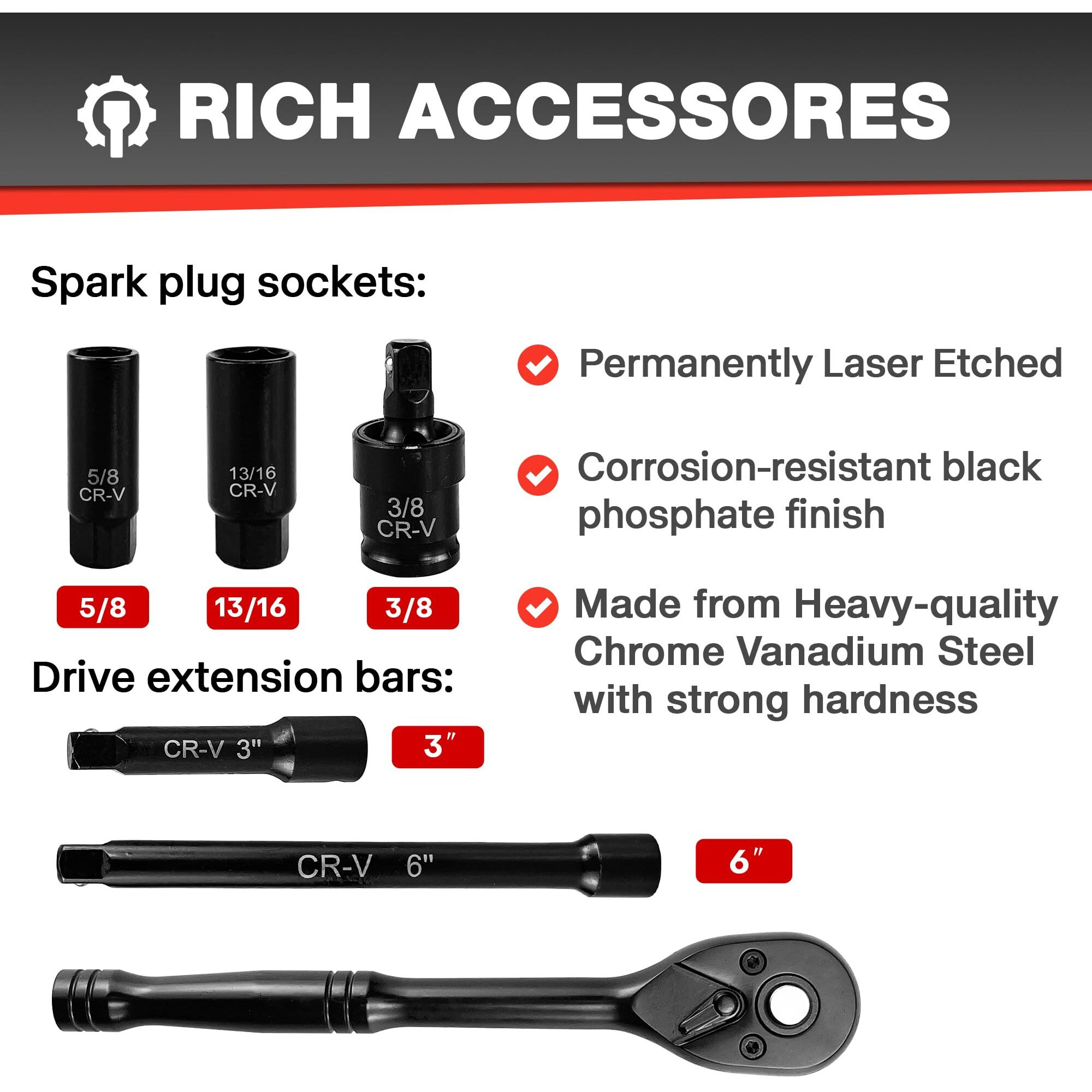 Eaceliy 46Pcs 3/8"" Socket Set, Drive Impact Socket Set, Sae/Metric, Deep & Shallow, Cr-V Steel, 6 Point And 12 Point Sockets With 72-Teeth Reversible Ratchet