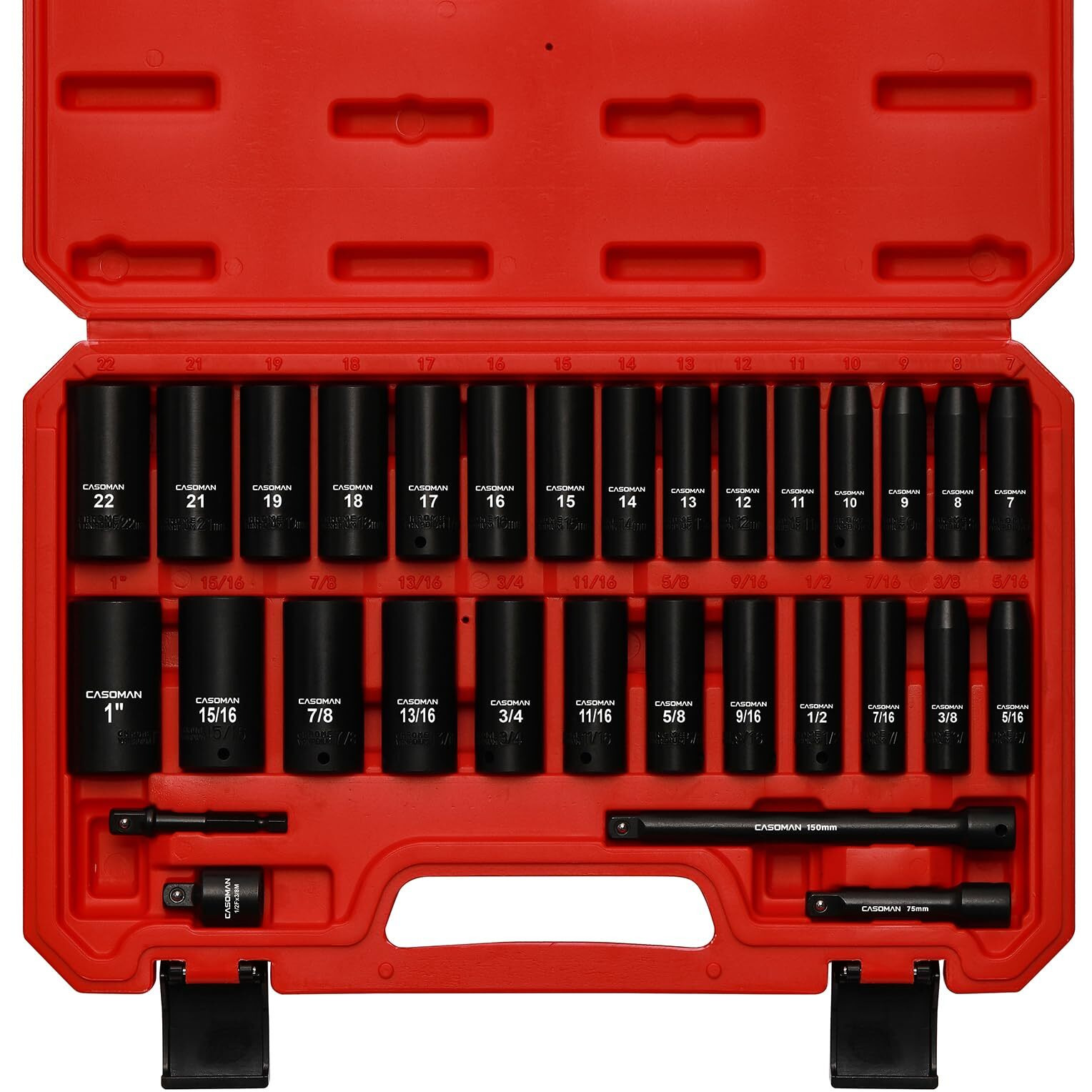 Casoman 3/8-Inch Deep Impact Socket Set, Metric & Sae, 31Piece Socket Set, Cr-V, Includes Extension Bar (3, 6-Inch) & Adapters, Heavy Duty Storage Case