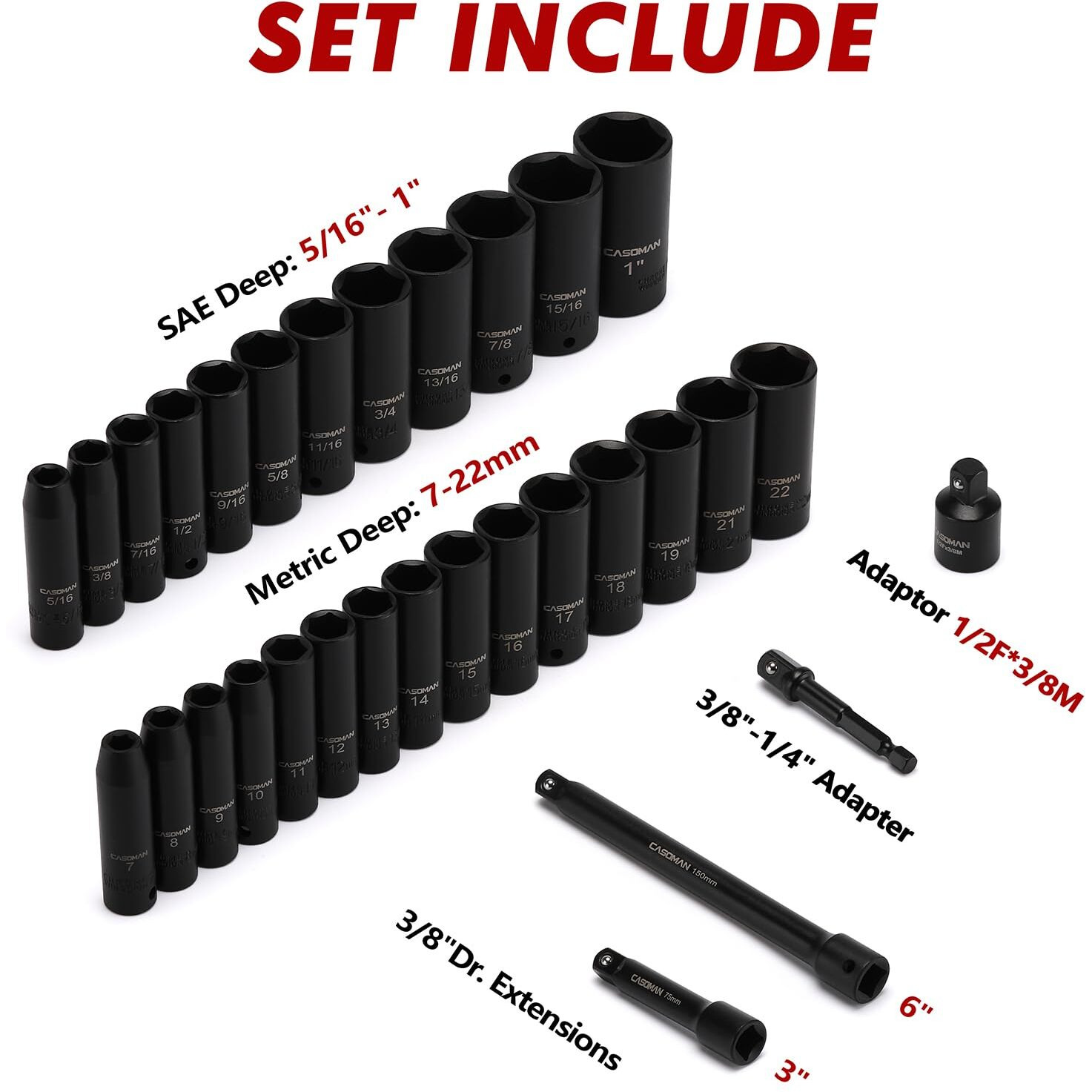 Casoman 3/8-Inch Deep Impact Socket Set, Metric & Sae, 31Piece Socket Set, Cr-V, Includes Extension Bar (3, 6-Inch) & Adapters, Heavy Duty Storage Case