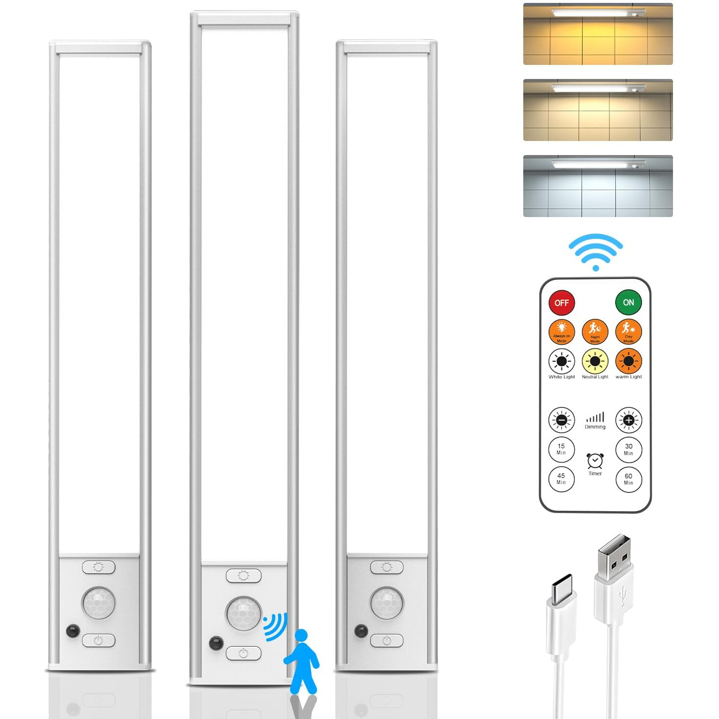 Under Cabinet Lights With Remote Control, Usb Rechargeable Battery 180 Lumen Motion Sensor Indoor Light,3 Pack Wireless Under Counter Light,3 Color Dimmable Closet Lighting For Kitchen,Stairs,Wardrobe