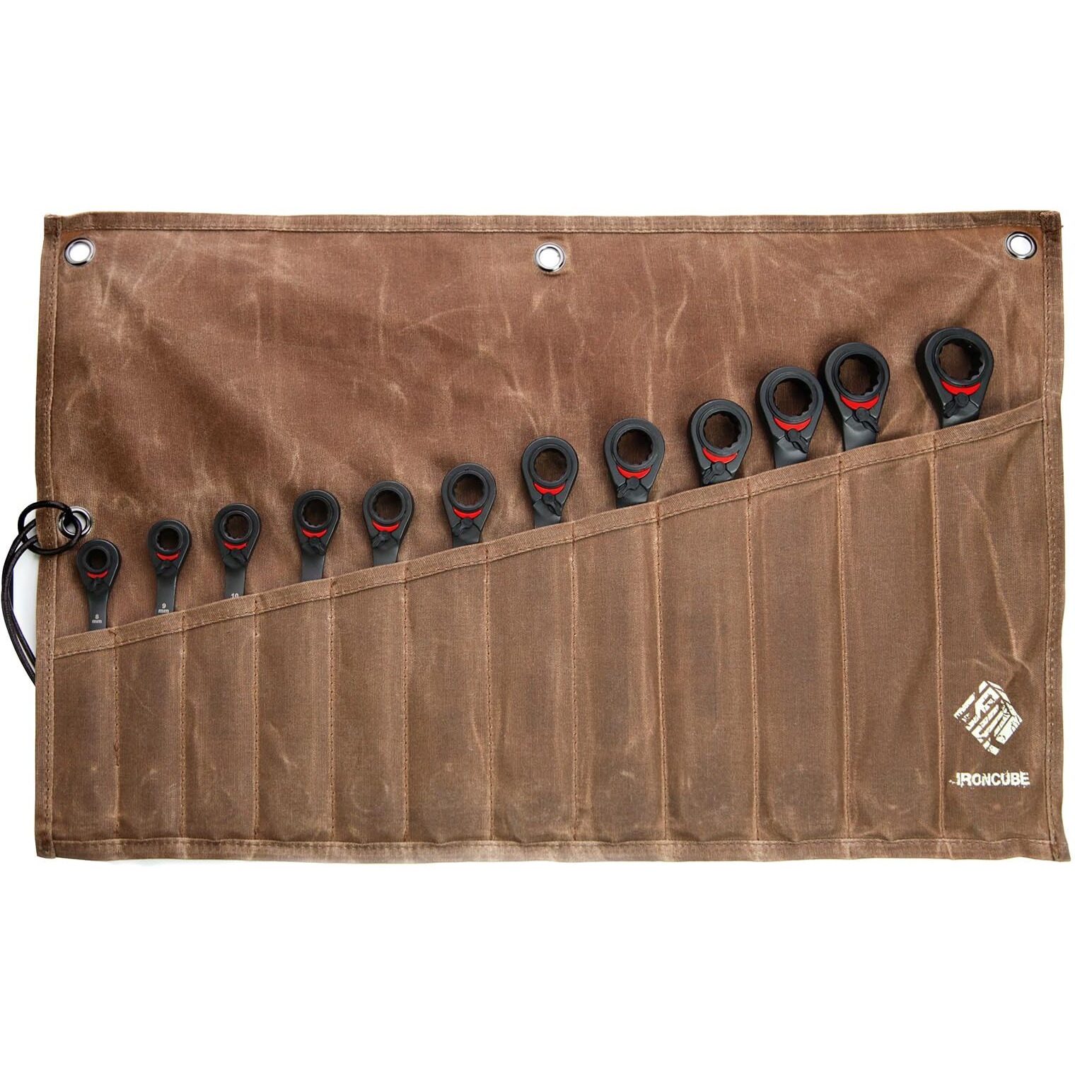 Ironcube Tool Pouch, 12 Pockets Wax Canvas Weatherproof Roll-Up Storage Bag For Wrenches