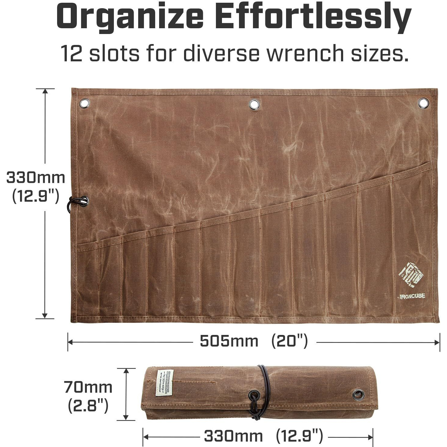 Ironcube Tool Pouch, 12 Pockets Wax Canvas Weatherproof Roll-Up Storage Bag For Wrenches