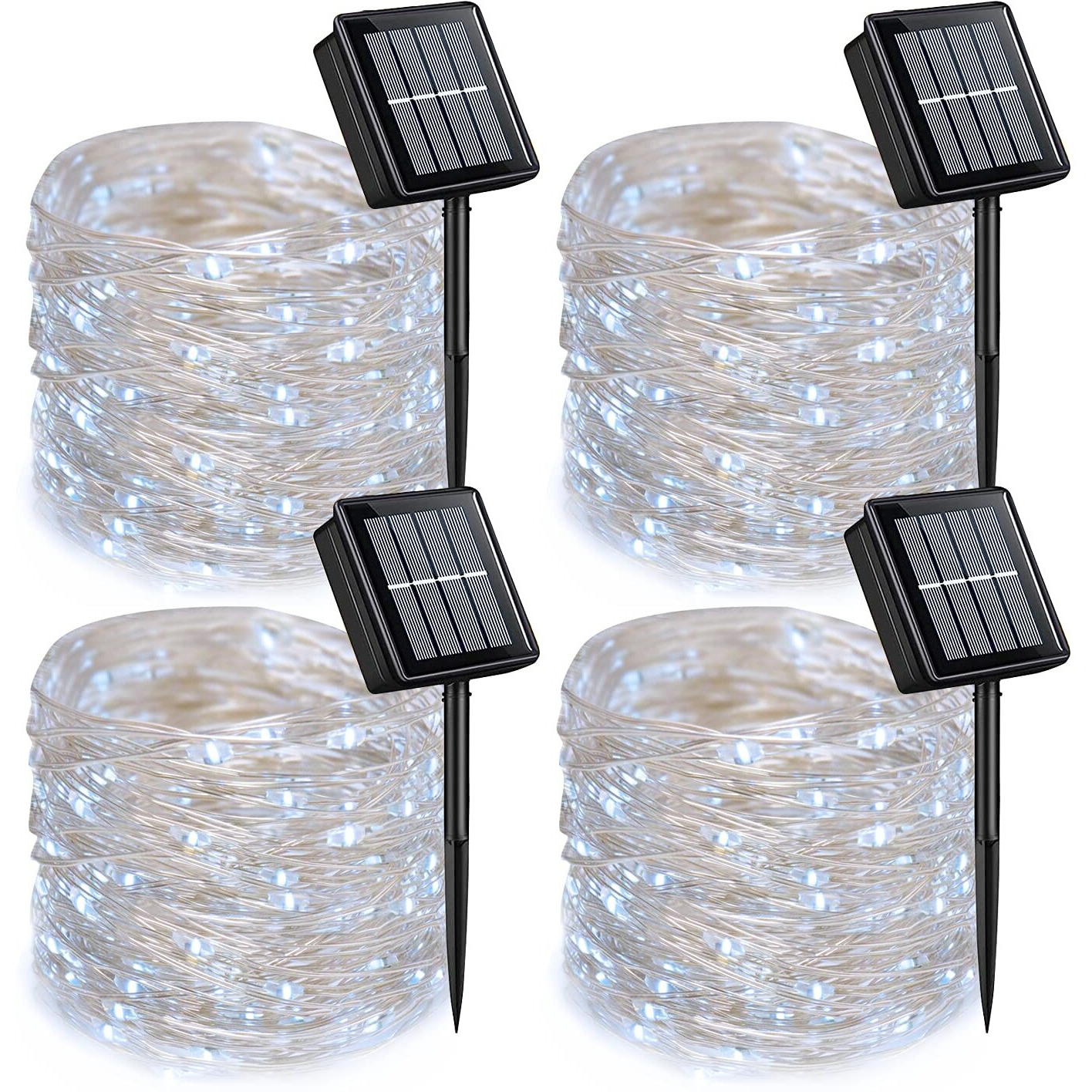 Qitong 4 Pack White Solar String Lights, Each 33Ft 100 Led Solar Fairy Lights Outdoor Waterproof, 8 Modes Silver Wire Solar Twinkle Lights