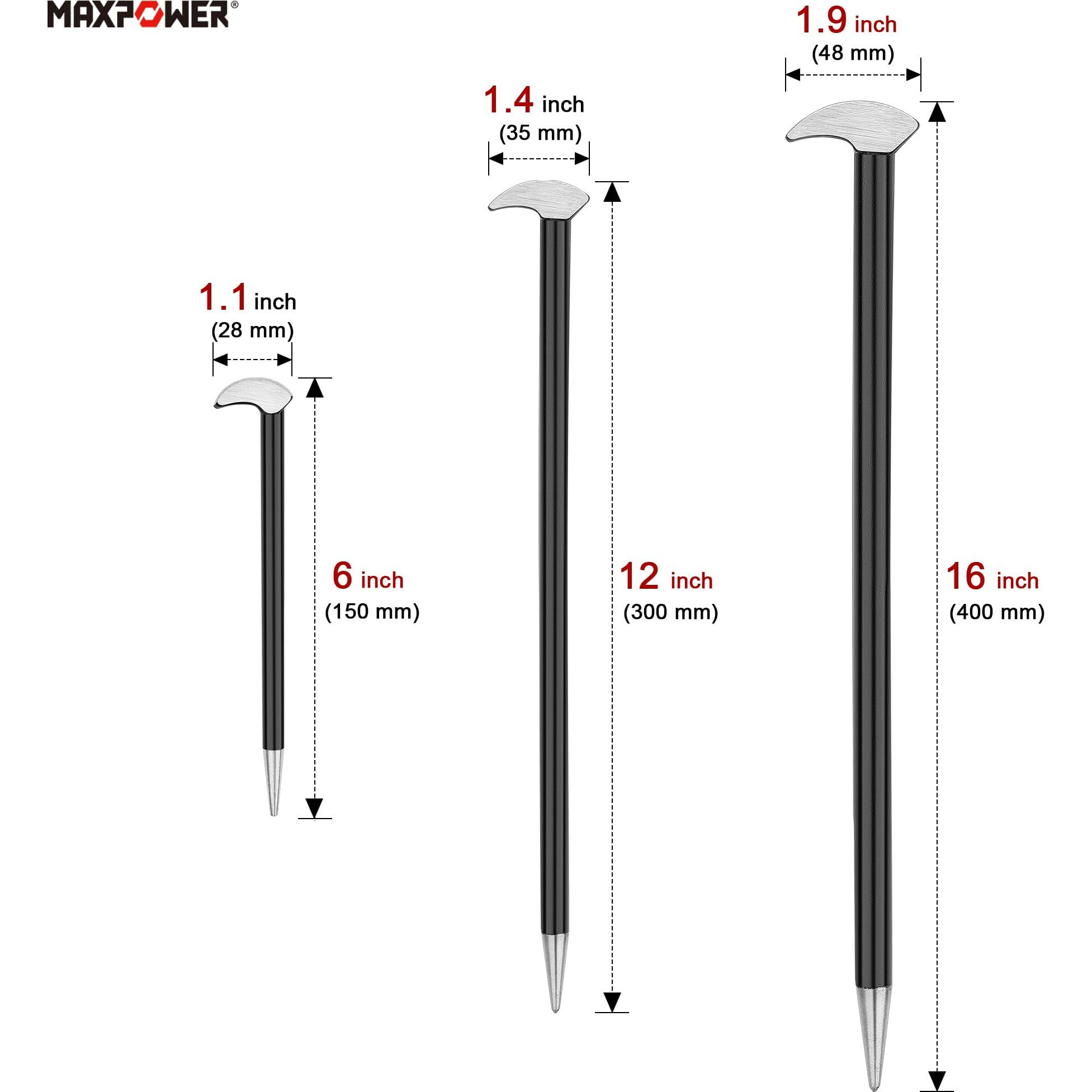 Maxpower 3 Pcs Rolling Head Pry Bar Set 6 Inch 12 Inch 16 Inch