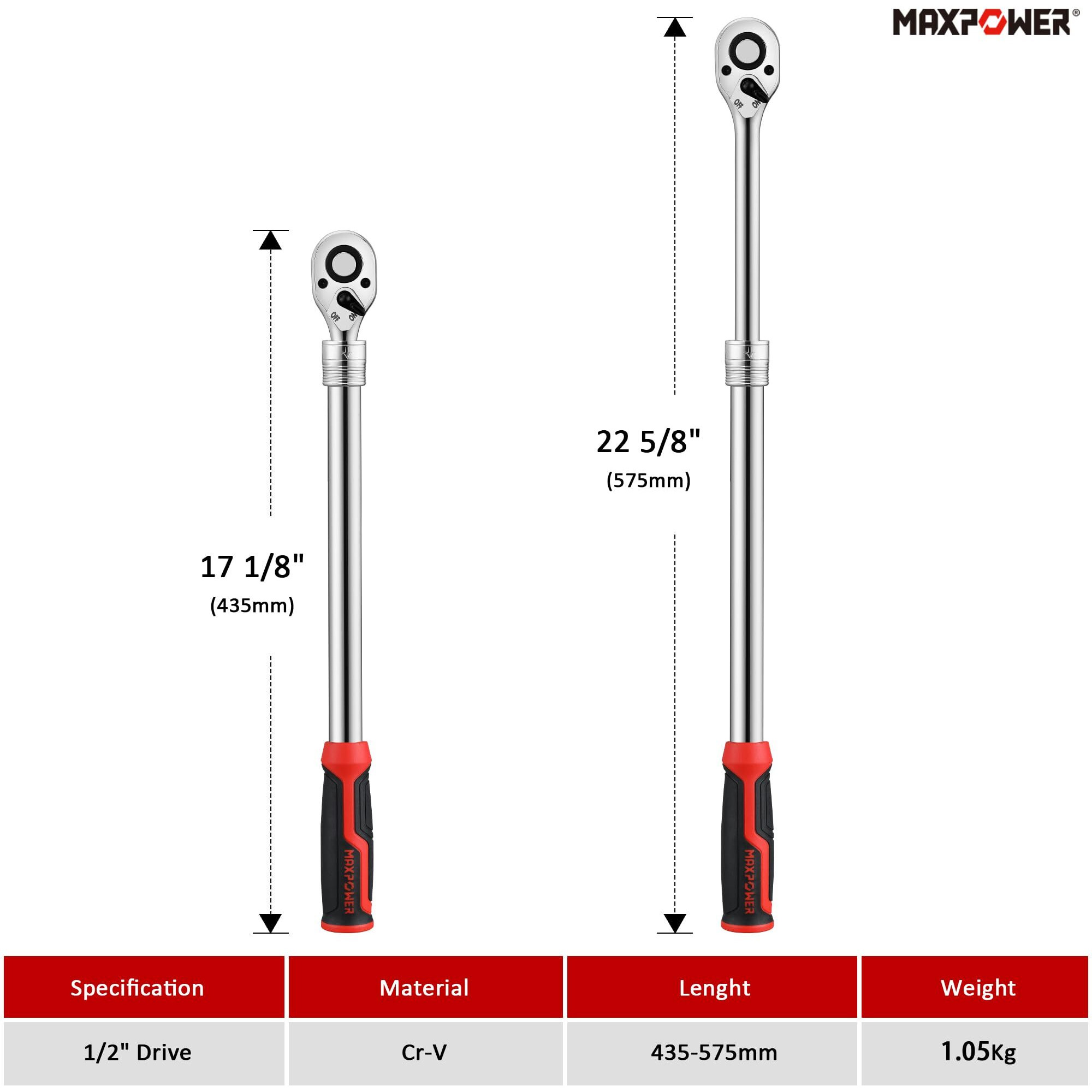 Maxpower 1/2-Inch Drive Extendable Ratchet Wrench, 1/2 Inch Drive Ratchet Socket Wrench, Quick Release 72-Tooth Reversible Ratcheting Feature(17 1/8"" - 22 5/8"" Length)