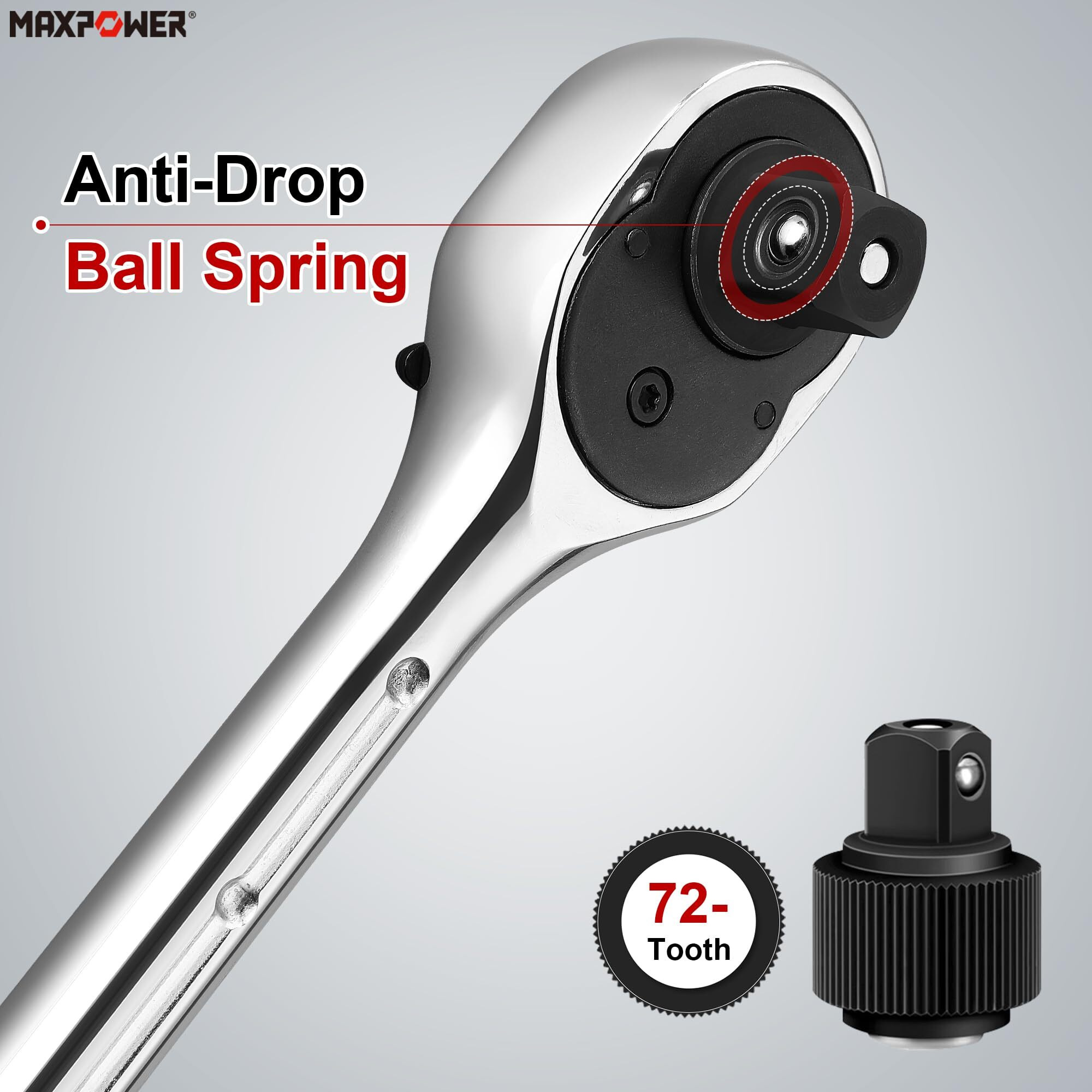 Maxpower 1/2-Inch Drive Extendable Ratchet Wrench, 1/2 Inch Drive Ratchet Socket Wrench, Quick Release 72-Tooth Reversible Ratcheting Feature(17 1/8"" - 22 5/8"" Length)