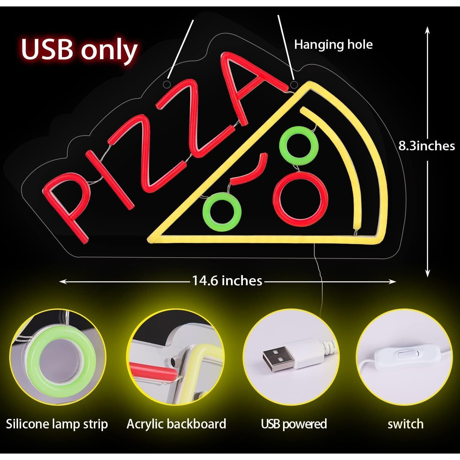 Attneon Pizza Neon Sign For Wall Decor, Pizza Shaped Neon Sign For Pizzeria,Pizza Led Neon Light For Restaurant,Kitchen,Store,Party,Restaurant Food Decor,Usb Powered,Size 14.6 * 8.3 Inch(Jtld006-21)