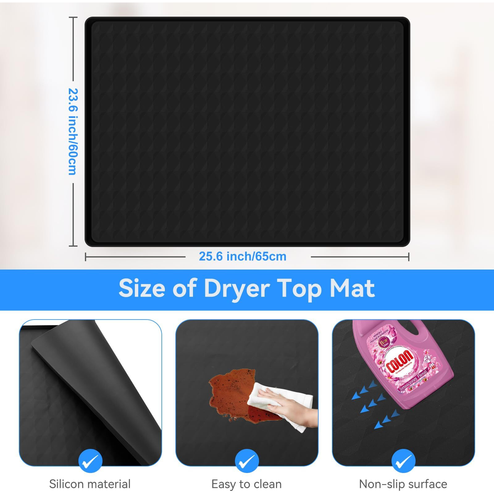 Washer And Dryer Covers For The Top, 25.6''X 23.6'' Silicone Dust Pad For Laudry Machine & Dryer,Non-Slip Heavy Duty Waterproof Counter Top Protector Guards For Landry & Kitchen,Black