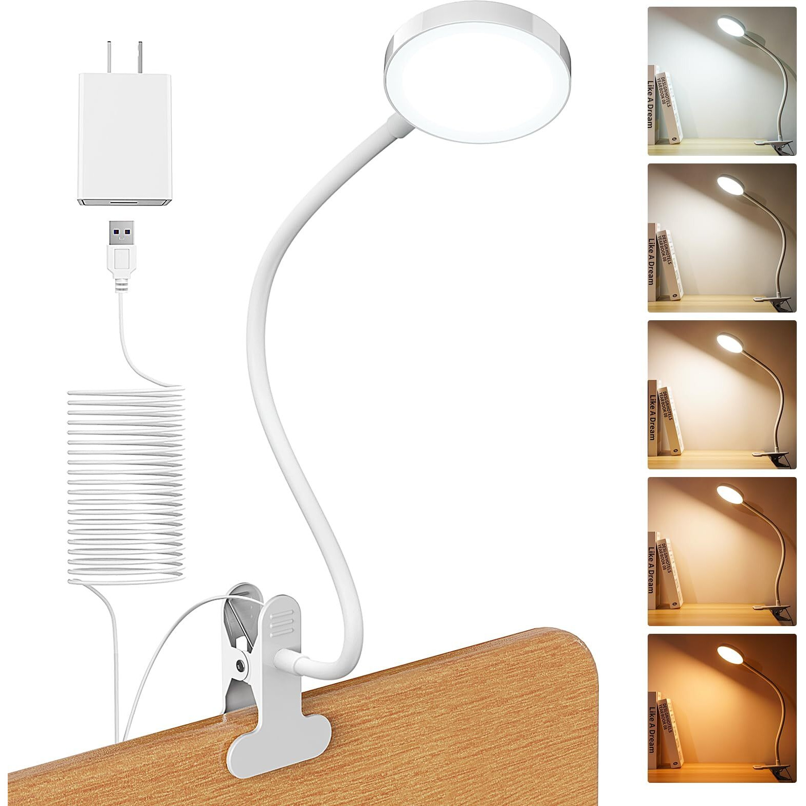 Lifmira Bed Lamp Clip On Light 8W 66 Led Reading Light For Bed, 5 Colors 10 Brightness Dimmable, Eye Caring Metal Reading Lamp, Clip Lamp For Bed Headboard Desk Home Office Dorm(White)