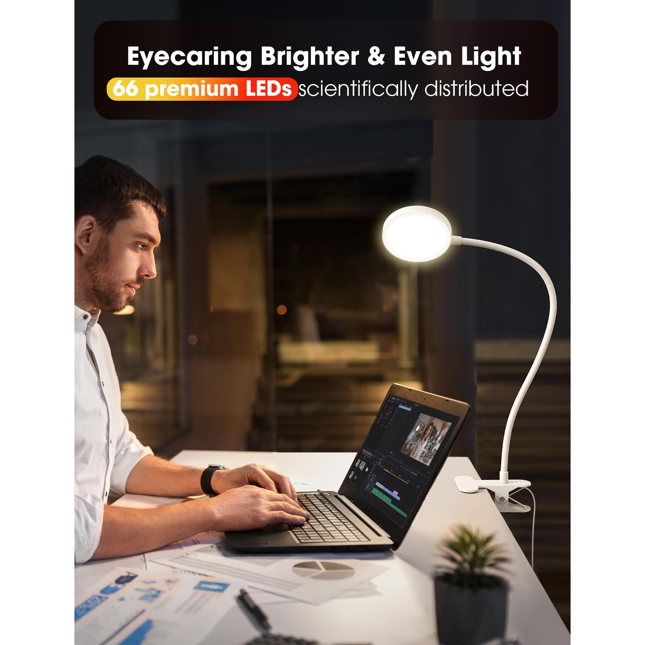 Lifmira Bed Lamp Clip On Light 8W 66 Led Reading Light For Bed, 5 Colors 10 Brightness Dimmable, Eye Caring Metal Reading Lamp, Clip Lamp For Bed Headboard Desk Home Office Dorm(White)