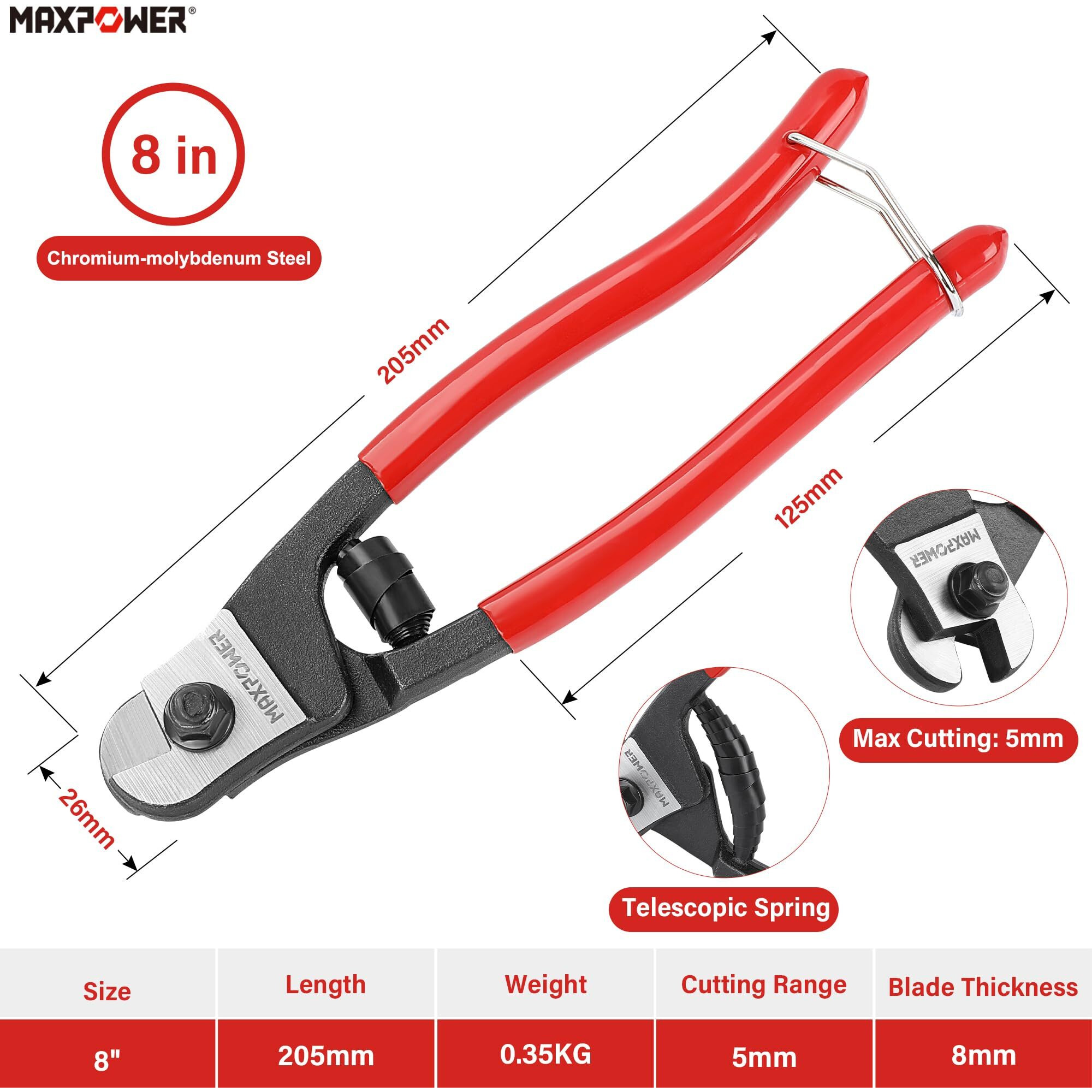 Maxpower Wire Cutter, 8-Inch Wire Rope Cutters For Steel Wire, Wire Seals, Aircraft Bicycle Cable, Cable Cutter Cuts Up To /64""(5Mm)
