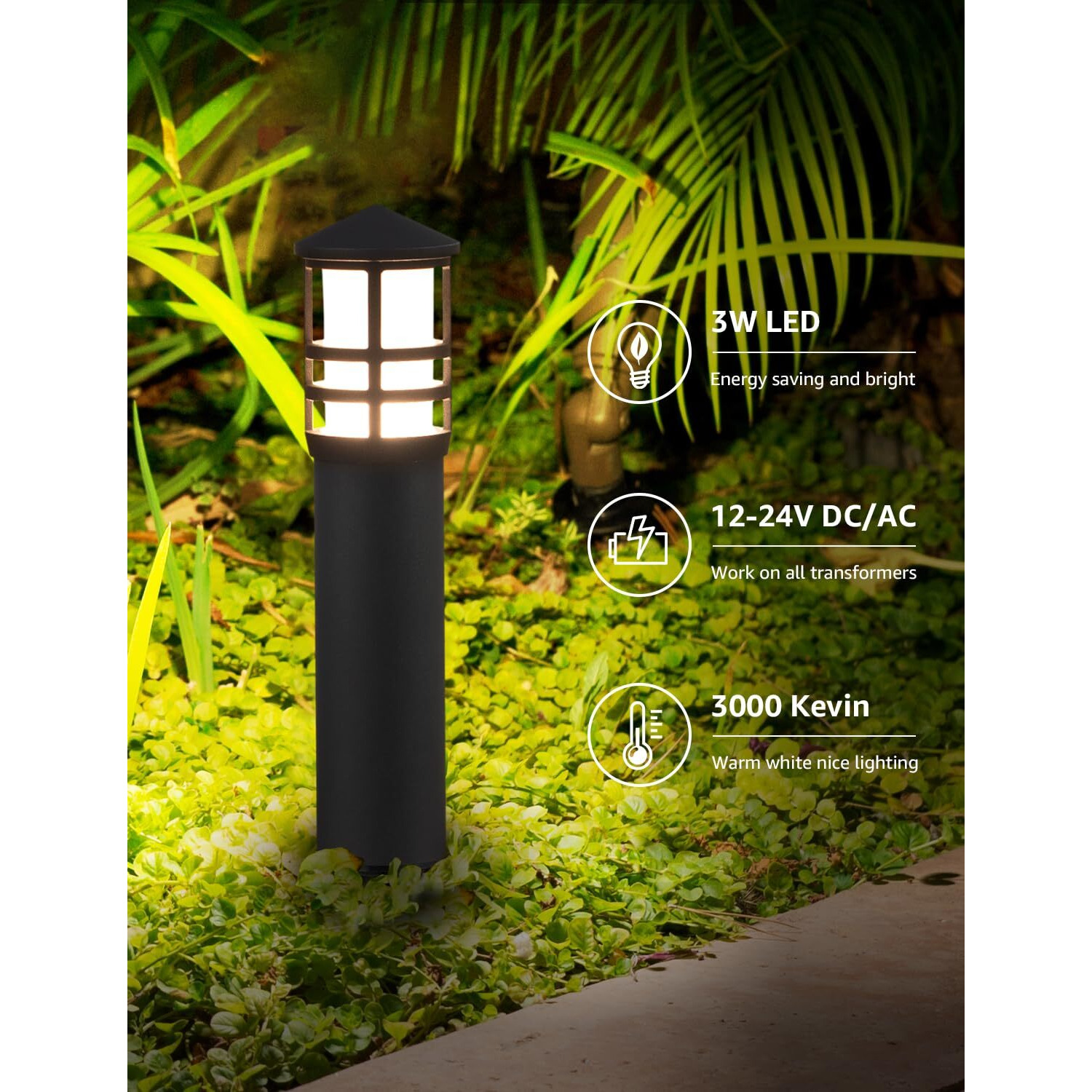 Sunvie 8-Pack Low Voltage Pathway Lights 3W Led Landscape Pathway Lighting 3000K Warm White Cri 90+ Landscape Lights Wired 12-24V Aluminum Bollard Path Lights For Walkway Yard Garden, Etl Listed Cord