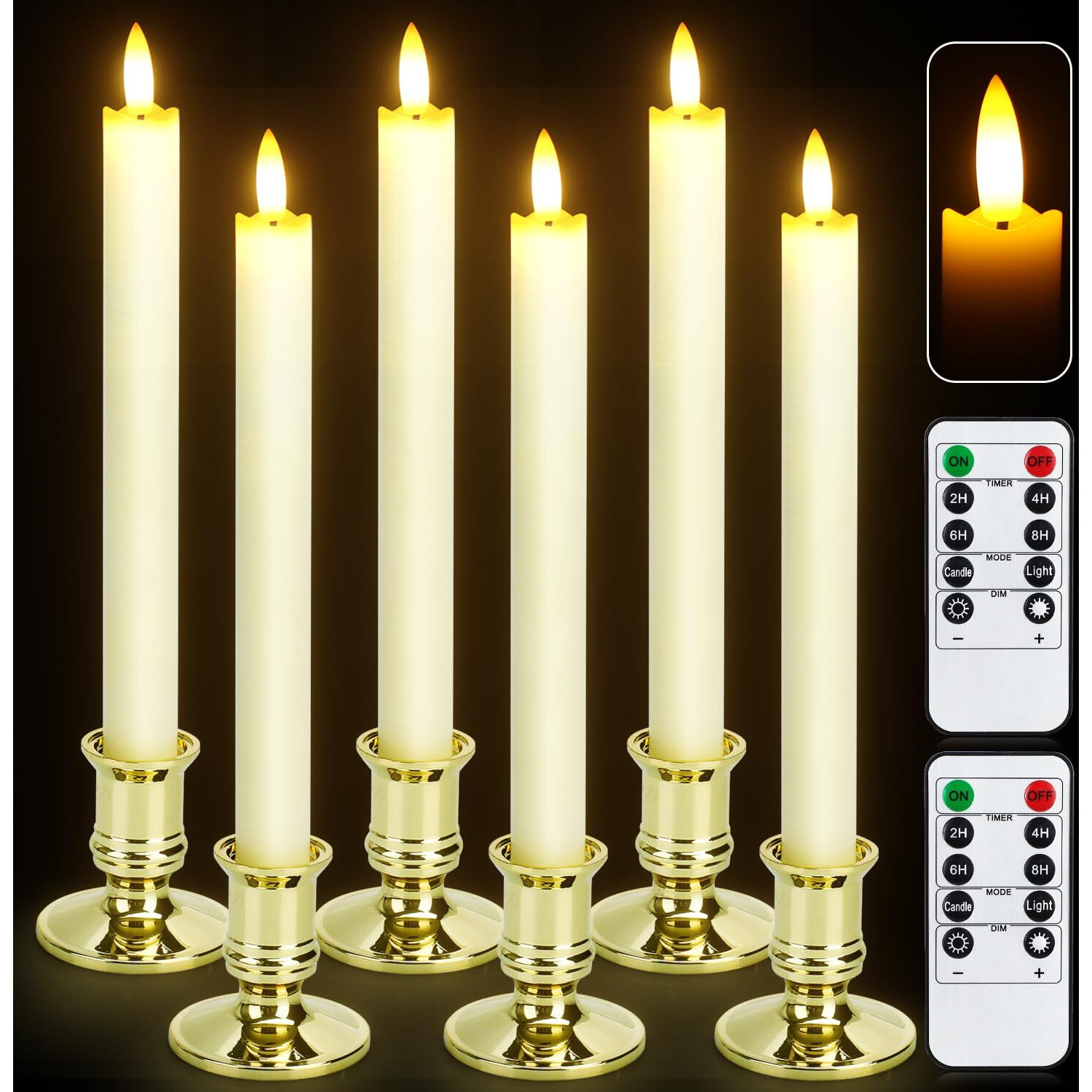 6 Pack Flameless Taper Candles With 2 Remotes, Led Fake Candles With Holders, Battery Operated Pillar 3D Flame Candles Of Real Wax For Home Decor, Wedding, Table, Festival, Halloween, Christmas