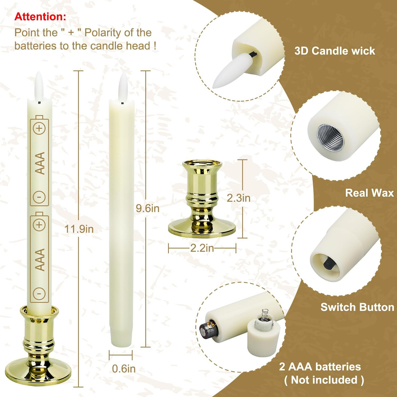 6 Pack Flameless Taper Candles With 2 Remotes, Led Fake Candles With Holders, Battery Operated Pillar 3D Flame Candles Of Real Wax For Home Decor, Wedding, Table, Festival, Halloween, Christmas