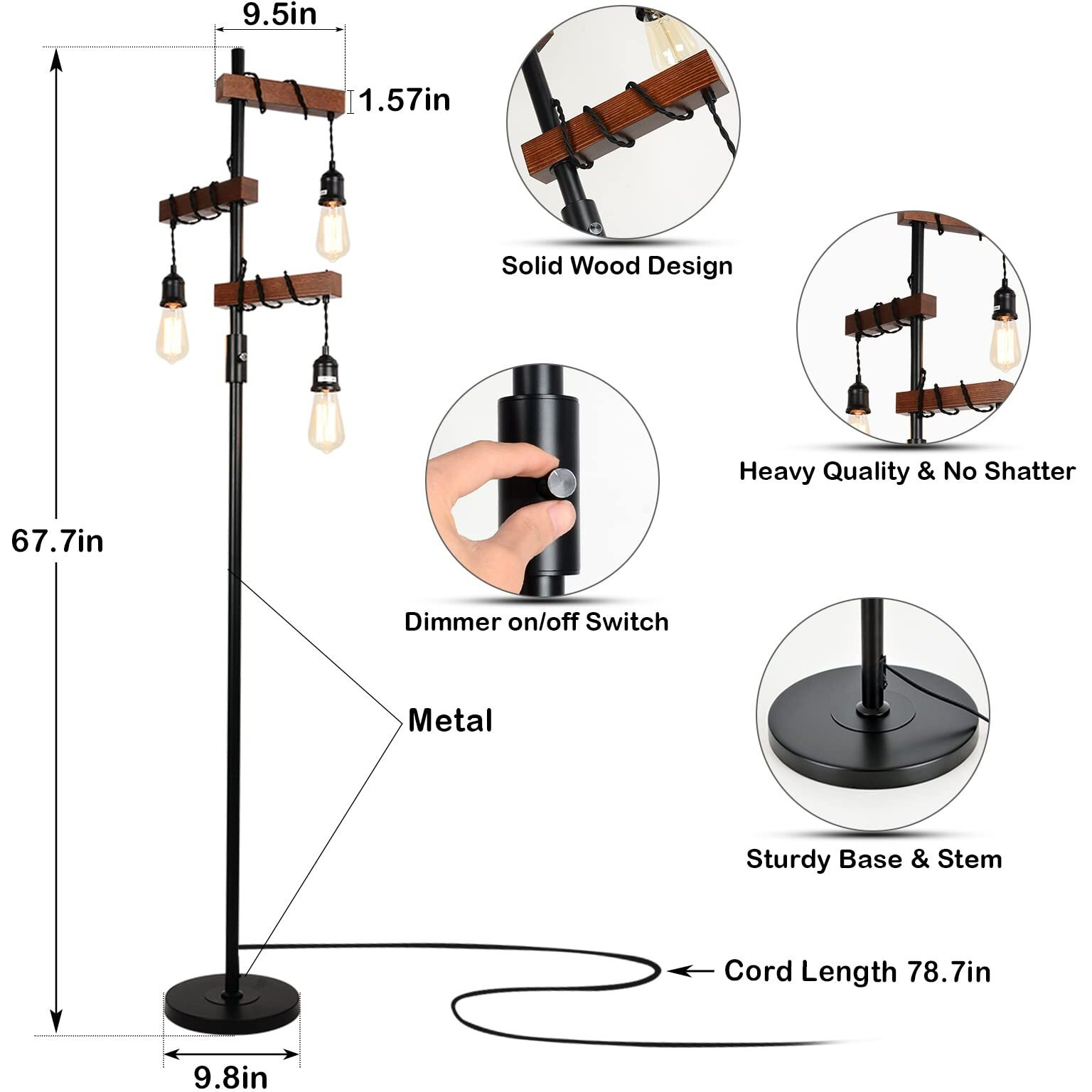 Dimmable Industrial Floor Lamp, Farmhouse Tree Floor Lamp, 68 Inch 3 Lights Wood Standing Lamp, Sturdy Base Tall Vintage Pole Light, Metal Black Floor Lamps For Living Room Bedroom Office Rustic Home