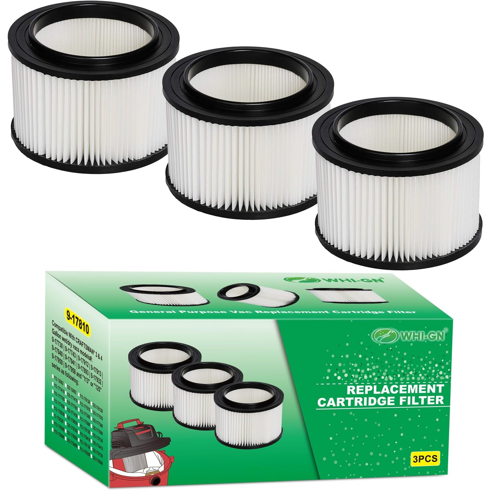 3 Pack 17810 Filter Replacement For Craftsman Shop Vac Filter 9-17810 For 3 To 4 Gallon General Purpose Vacuums