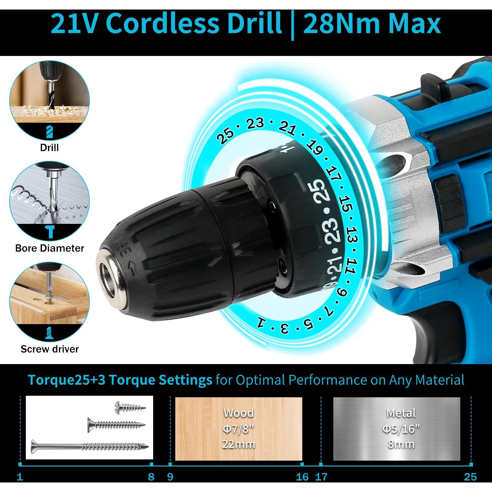Aseboy Power Drill Cordless, 3/8 Electric Drill With Battery And Charger, 21V Drill Set For Specialized Field And Homework, Battery Drill With Led Light, Variable Speed Mode