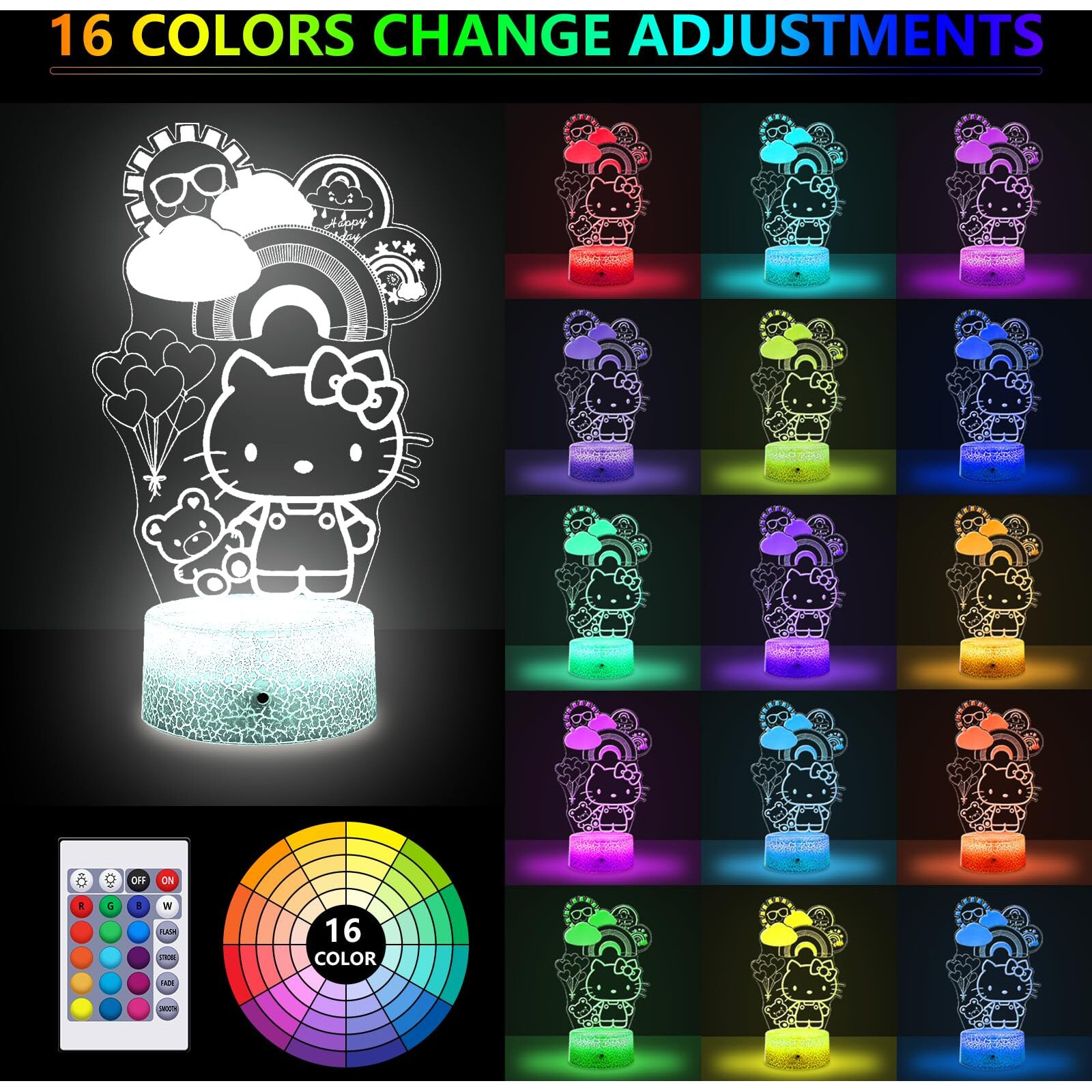 Cobiku Kitty Night Light For Kids, Kitty Lamp Girl Cute Led Cat Night Light 16 Colors Dimmable Kitty Decor Lamp With Remote & Luminous Base, Bedroom Decoratio Gifts For Christmas Birthday Girls