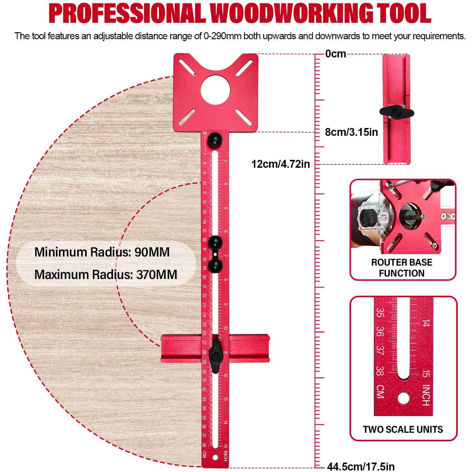 Sigerio 4 In 1 Router Milling Groove Bracket, Aluminum Alloy Router Circle Cutting Jig, Multifunctional Cabinet Hardware Jig And Router Guide, Adjustable Router Jig Tool For Woodworking (Rose Red)