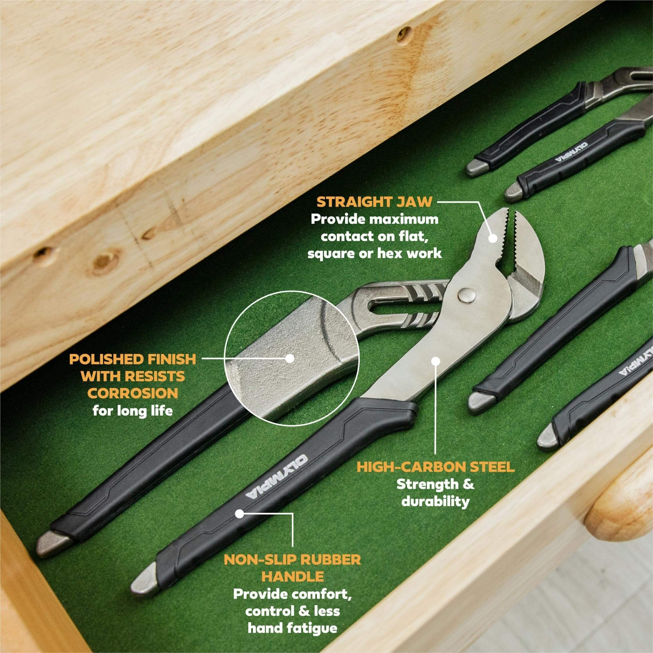 Olympia Tools Tongue And Groove Pliers, Straight Jaw Pliers With Cushion Grip, 5 Jaw Positions, 1.7"" Jaw Capacity, Water Pump Plier (8-Inch)