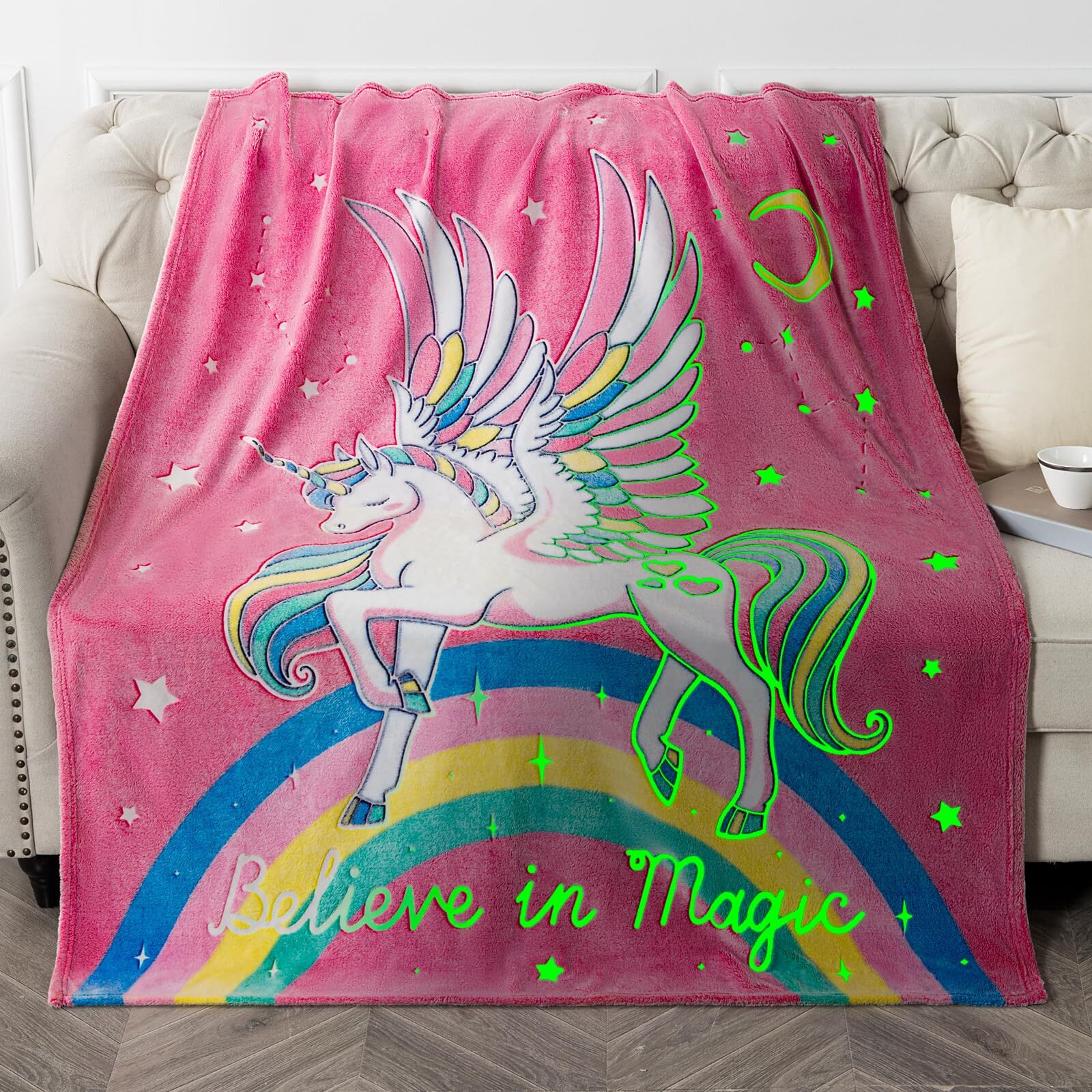 Unicorn Gifts Toys For Kids Girls - Glow In The Dark Blanket Age 1-13 Years Old Birthday Halloween Easter Decor Toddler Teen Daughter Grandkids Rainbow Moon Stars Throw 50"&quotX60""