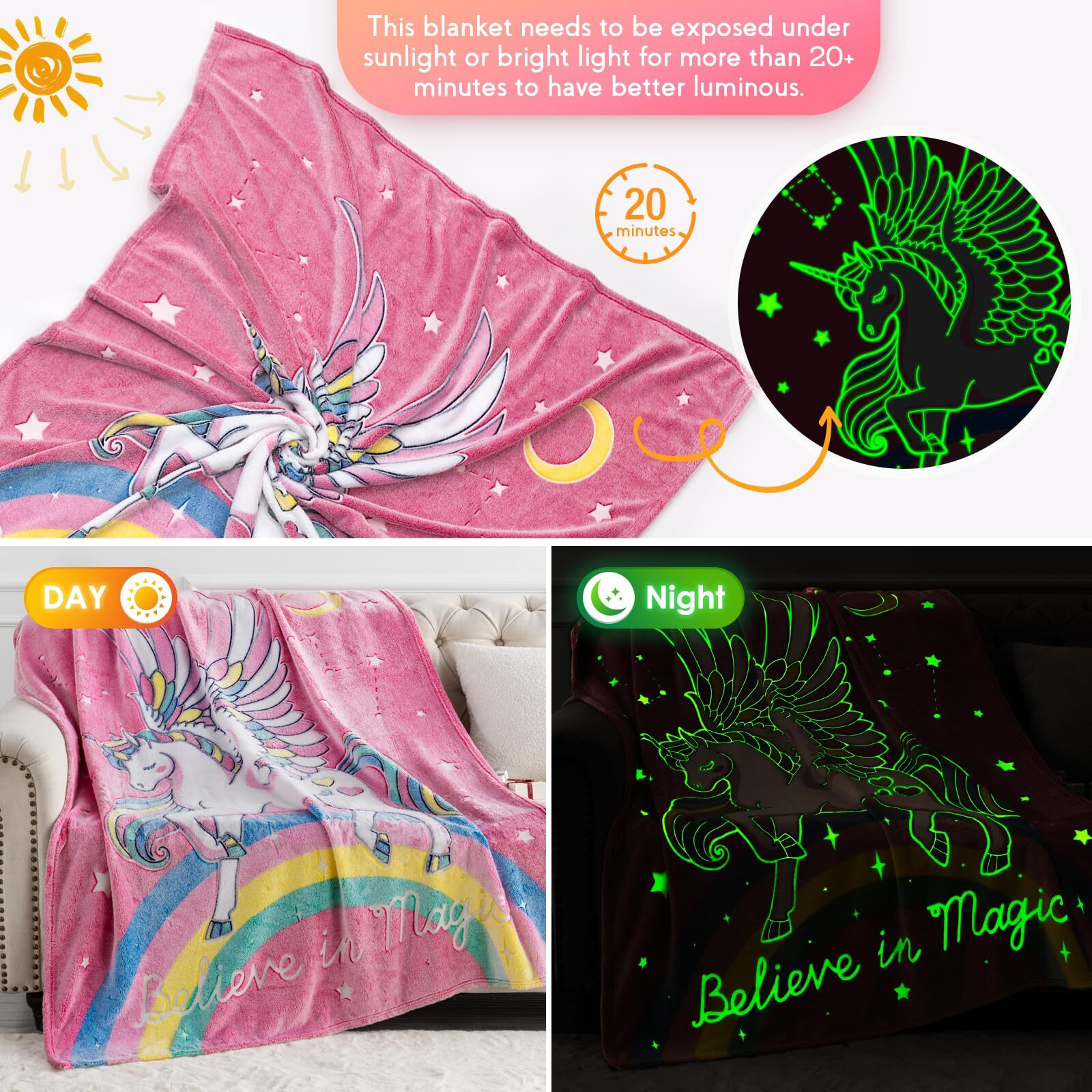 Unicorn Gifts Toys For Kids Girls - Glow In The Dark Blanket Age 1-13 Years Old Birthday Halloween Easter Decor Toddler Teen Daughter Grandkids Rainbow Moon Stars Throw 50"&quotX60""