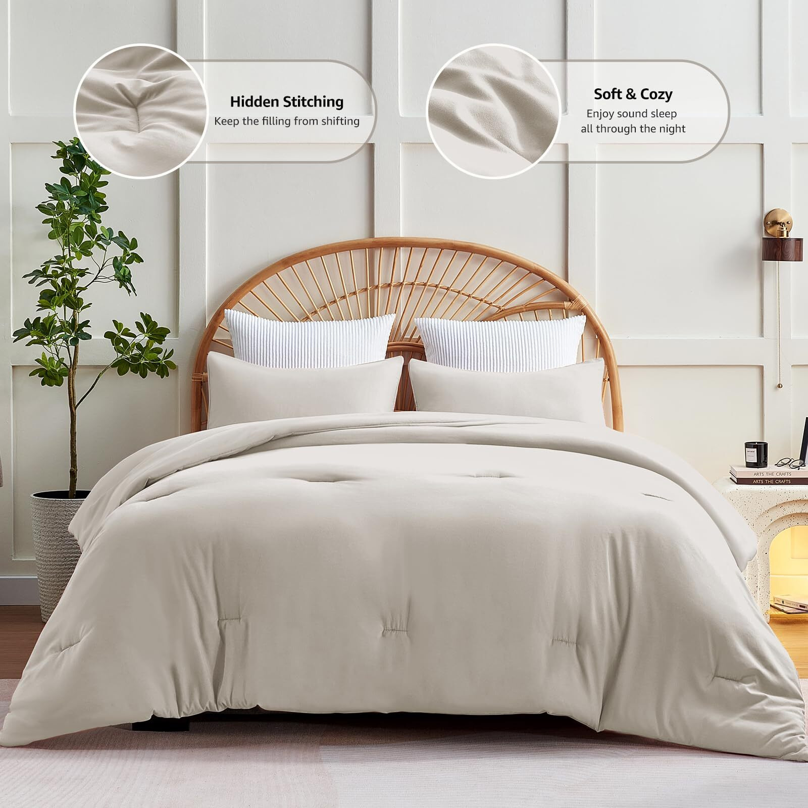 Cozylux California King Comforter Set Beige, 3 Pieces Cal King Solid Breathable Boho Style Bedding Sets, Cozy Luxury Fluffy Soft Microfiber Quilt Comforter For All Season(1 Comforter & 2 Pillowcases)